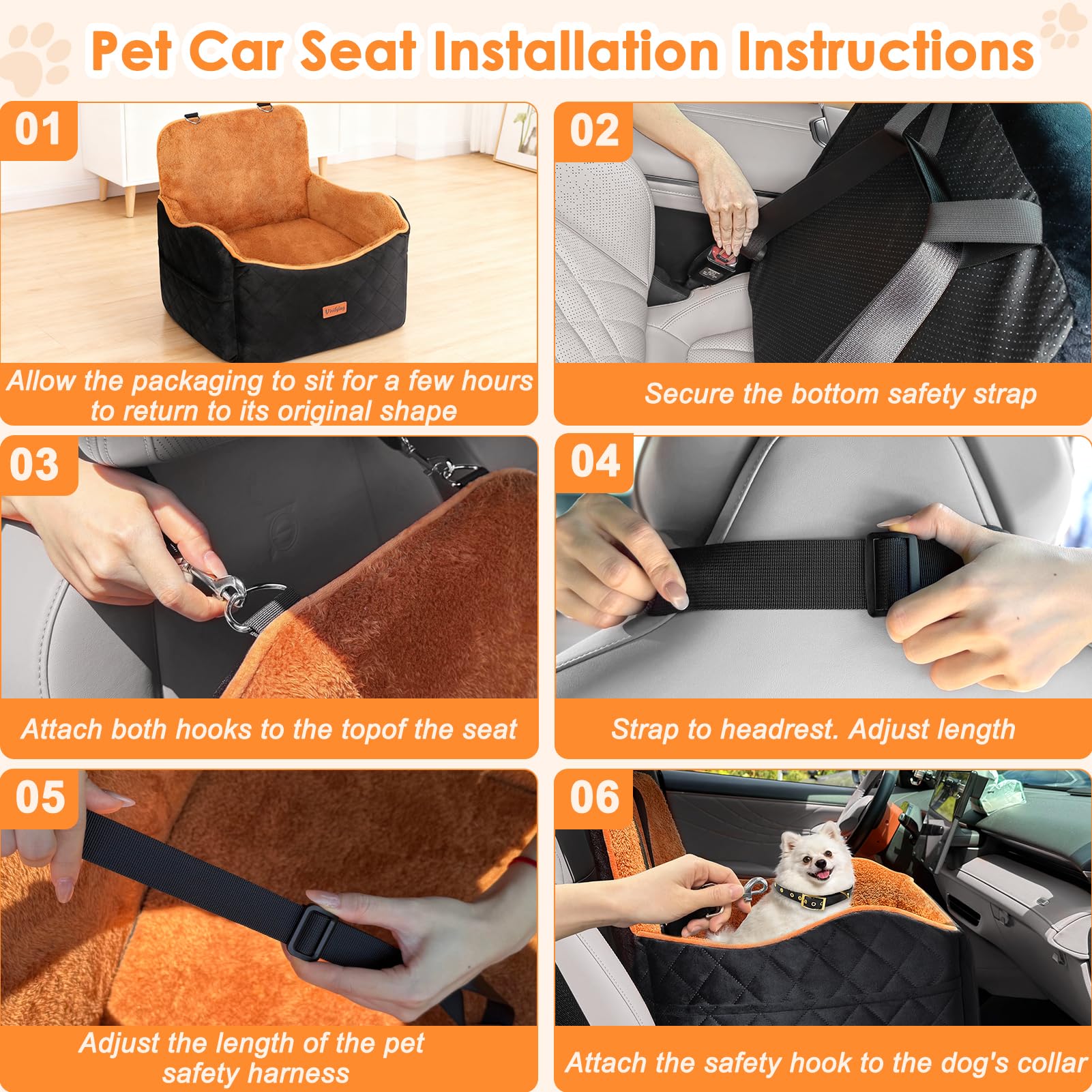 Vivifying Dog Car Seat for Small and Medium Dogs, 4" Booster Pet Car Seat with Safety Strap, Plush Travel Dog Bed for Car with Storage Pocket, Detachable Washable Cover, Fits Dogs up to 35lbs (Black) - image 6