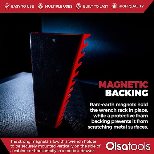 Miniatura 5 de Olsa Tools Organizador de llaves magnéticas de 12 piezas - Estante rechoncho montado en la pared - Bandeja de herramientas roja para tamaños SAE y