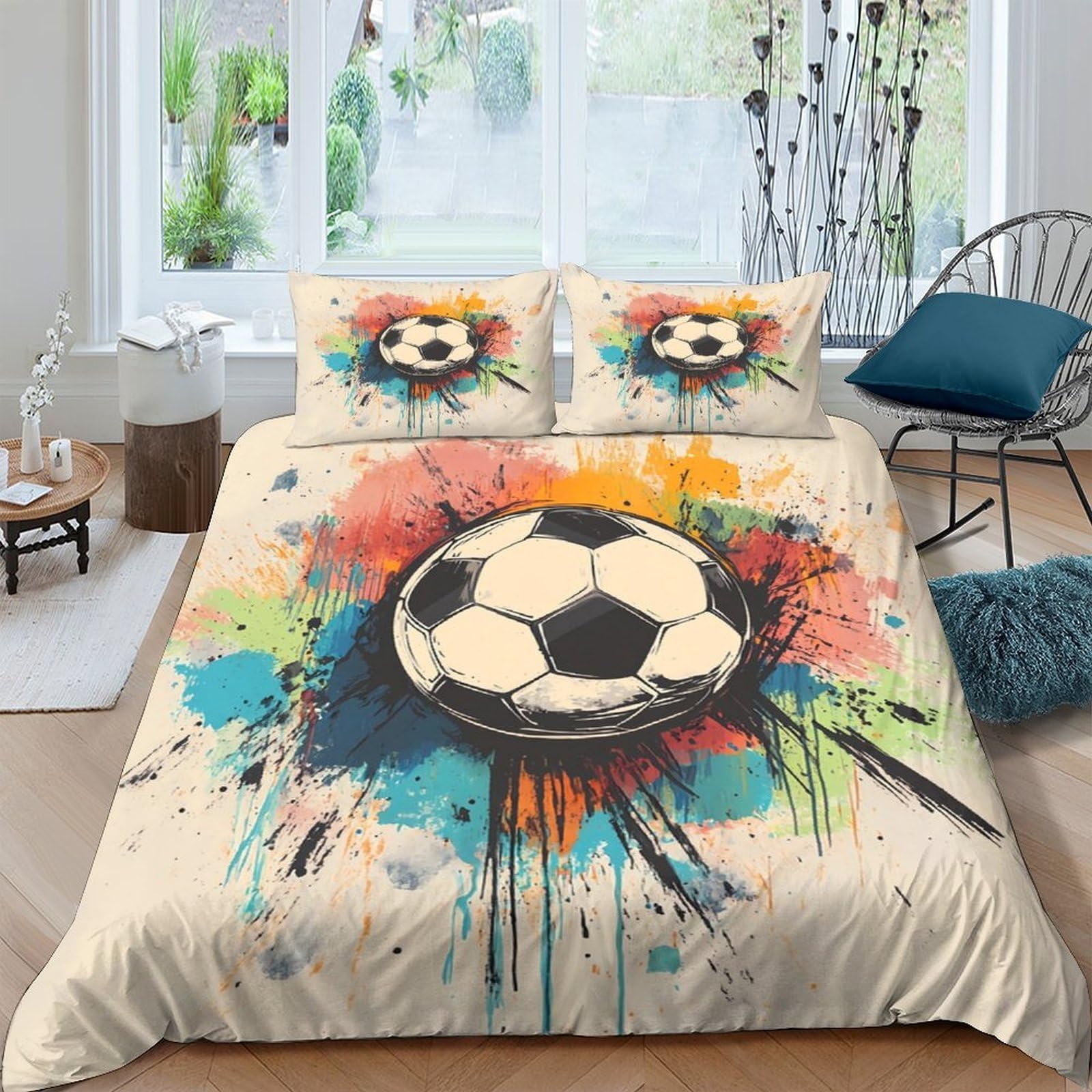 Ctjqhvkz Style-1 3D Printed Splash Soccer Fitted Sheet Microfiber Soft Art Graffiti Bed Cover For Bedroom Guest Room Mattress Decor Single（135X200cm）