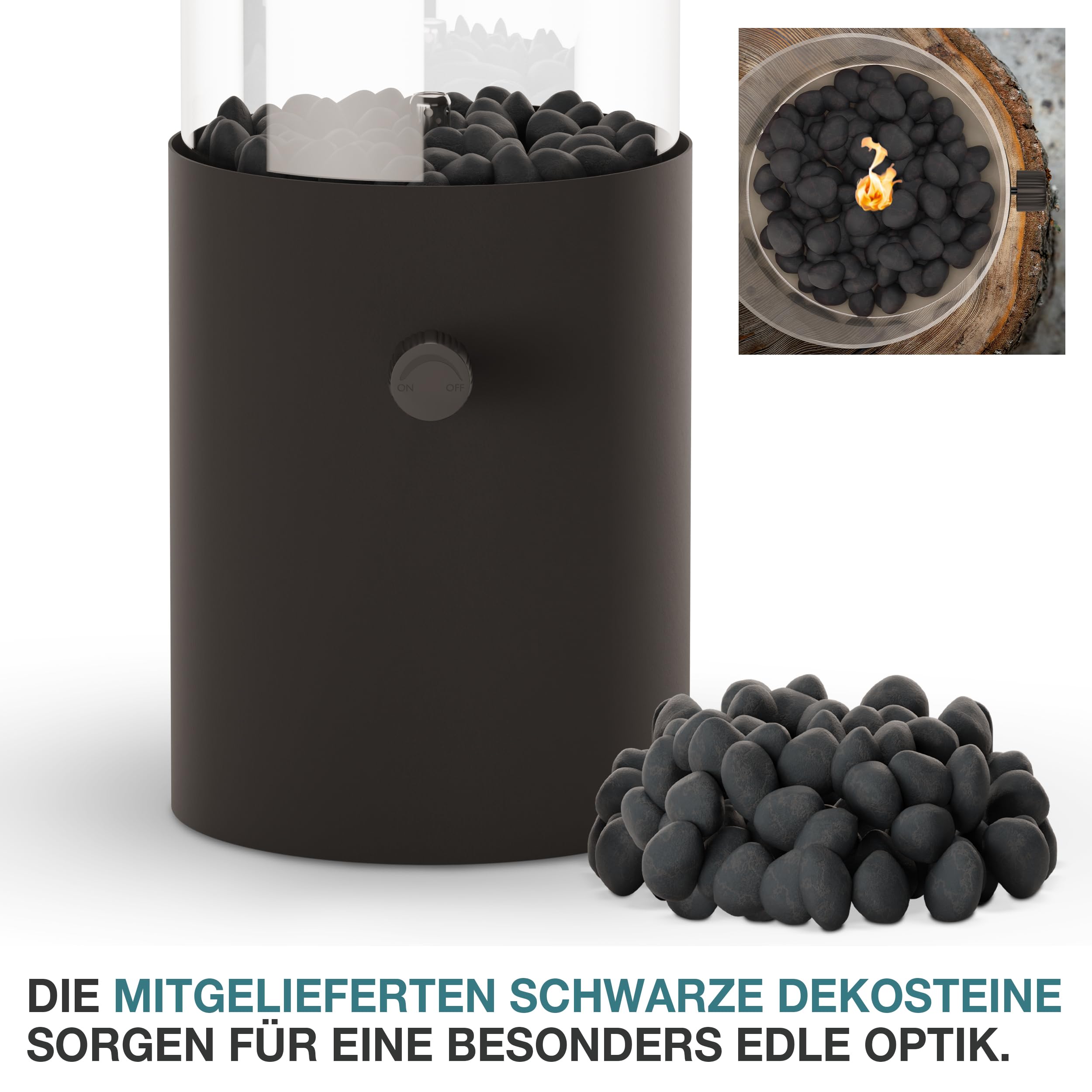 TOM Innovation XXL Gas Tischkamin - 12 Stunden Brenndauer für Indoor & Outdoor – Tisch Kamin Set – Tischfeuer mit Deko-Steinen – Plus 3X 190 g Stechgaskartusche