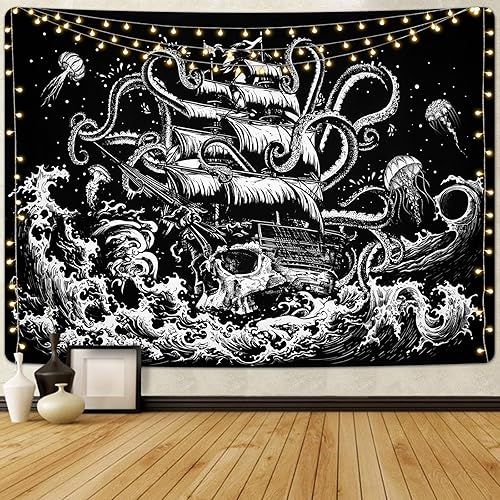 Krelymics Tapiz de olas del océano, tapices náuticos, tapiz de anime japonés, tapiz gótico de velero, decoración de pared, tapiz de pulpo blanco y