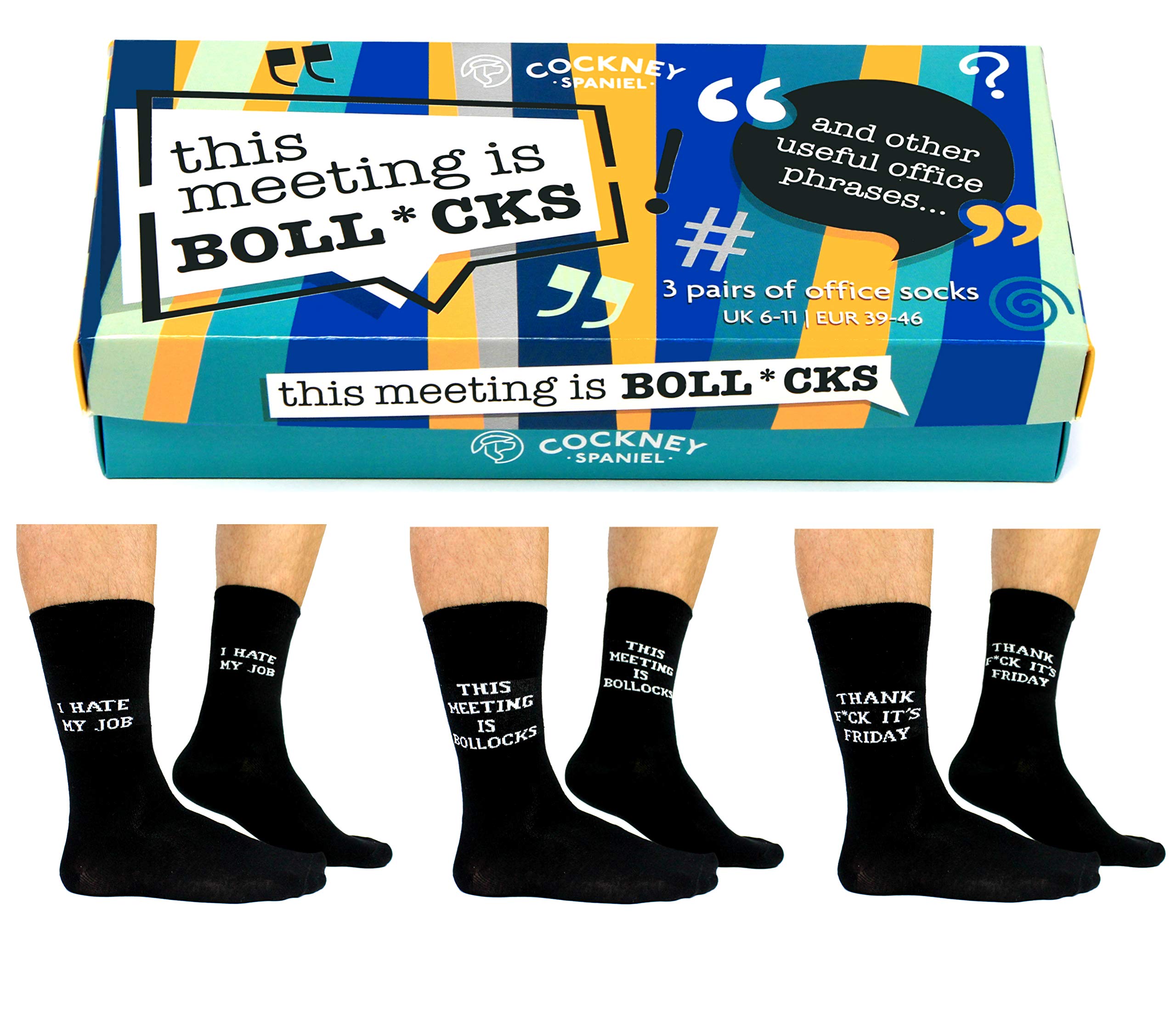 Cockney Spaniel This Meeting Is Boll 3 Pairs Of Socks, Black White, UK 6-11 EUR 39-46 US 7-12