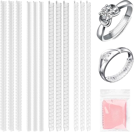 Ring Size for Loose Rings, 12 Pack 4 Sizes, Invisible Clear Silicone, Non-Slip Adjustable Ring Sizer, Ring Resizer and Tightener Guards, for Women and Men, Make Rings Smaller Without Resizing
