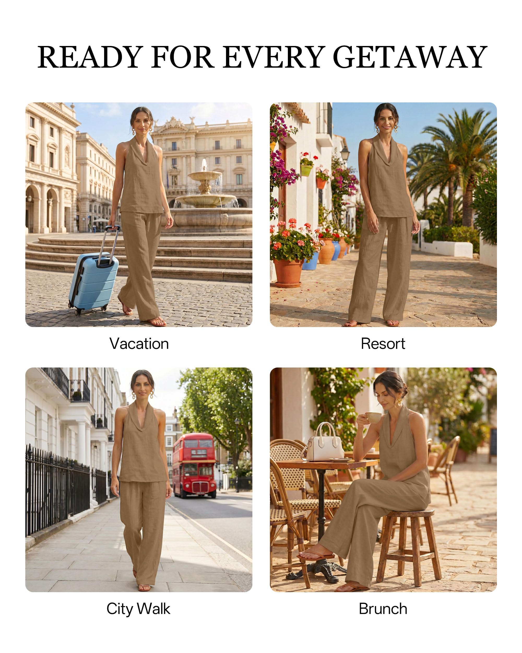 Completo Donna Due Pezzi Outfit Estivo Top Halter Pantaloni a Gamba Larga con Tasche