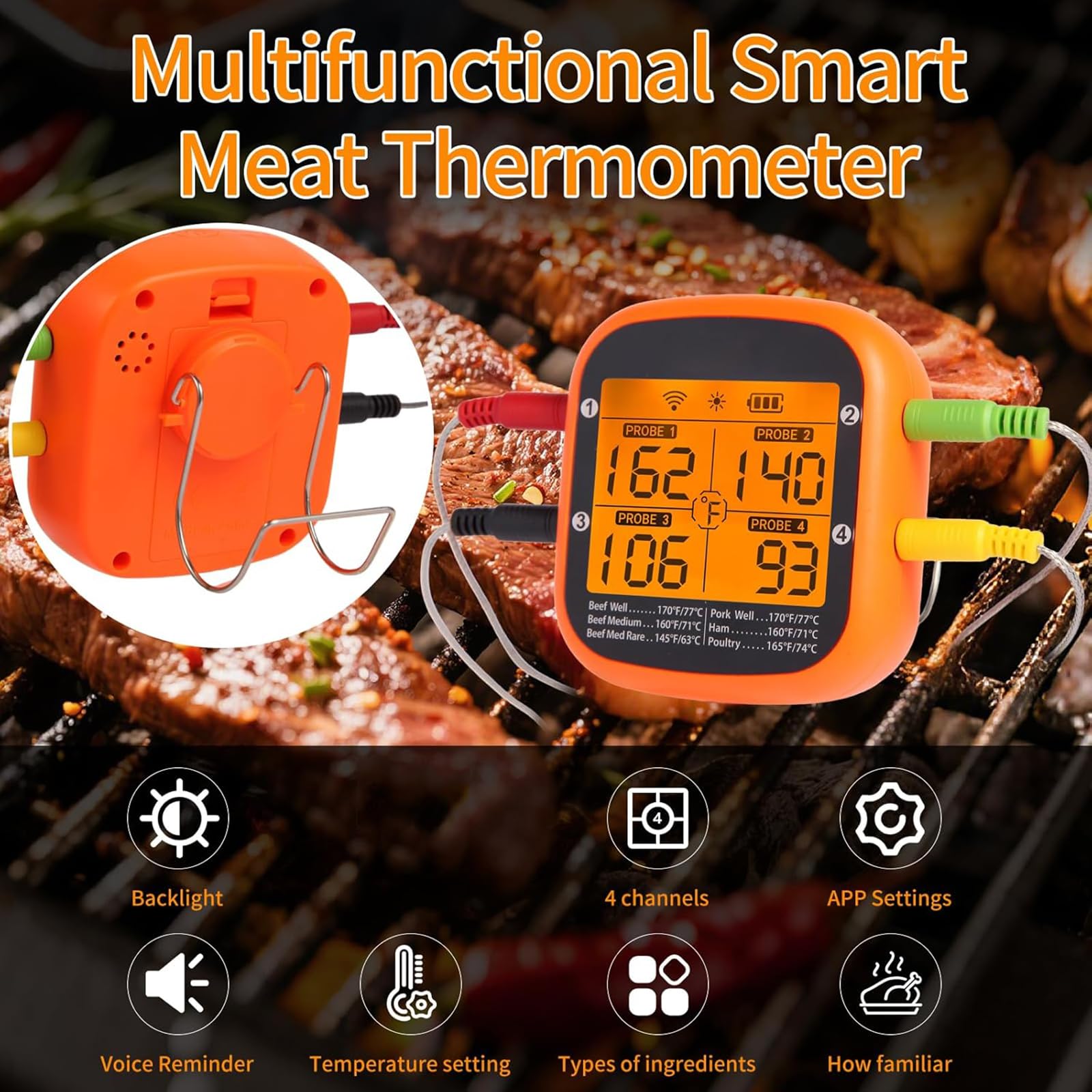 Termómetros de cocina de cuatro sondas, conexión preestablecida, rango de temperatura, pantalla digital para uso en interiores y exteriores, termómetros digitales para barbacoa con pantalla