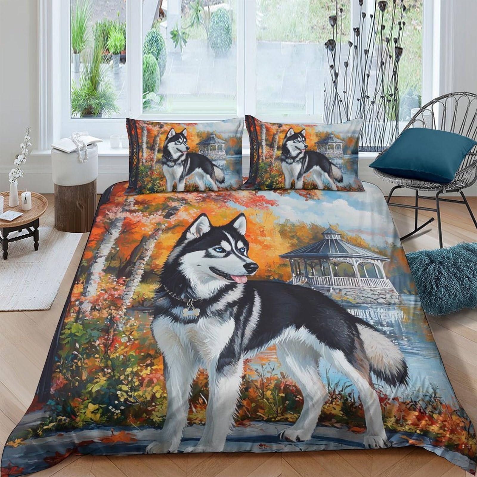 Ctjqhvkz Style-8 3D Printed Autumn Forest Fitted Sheet Microfiber Husky Dog Art Mattress Cover For Bedroom Guest Room Decor Single（135X200cm）