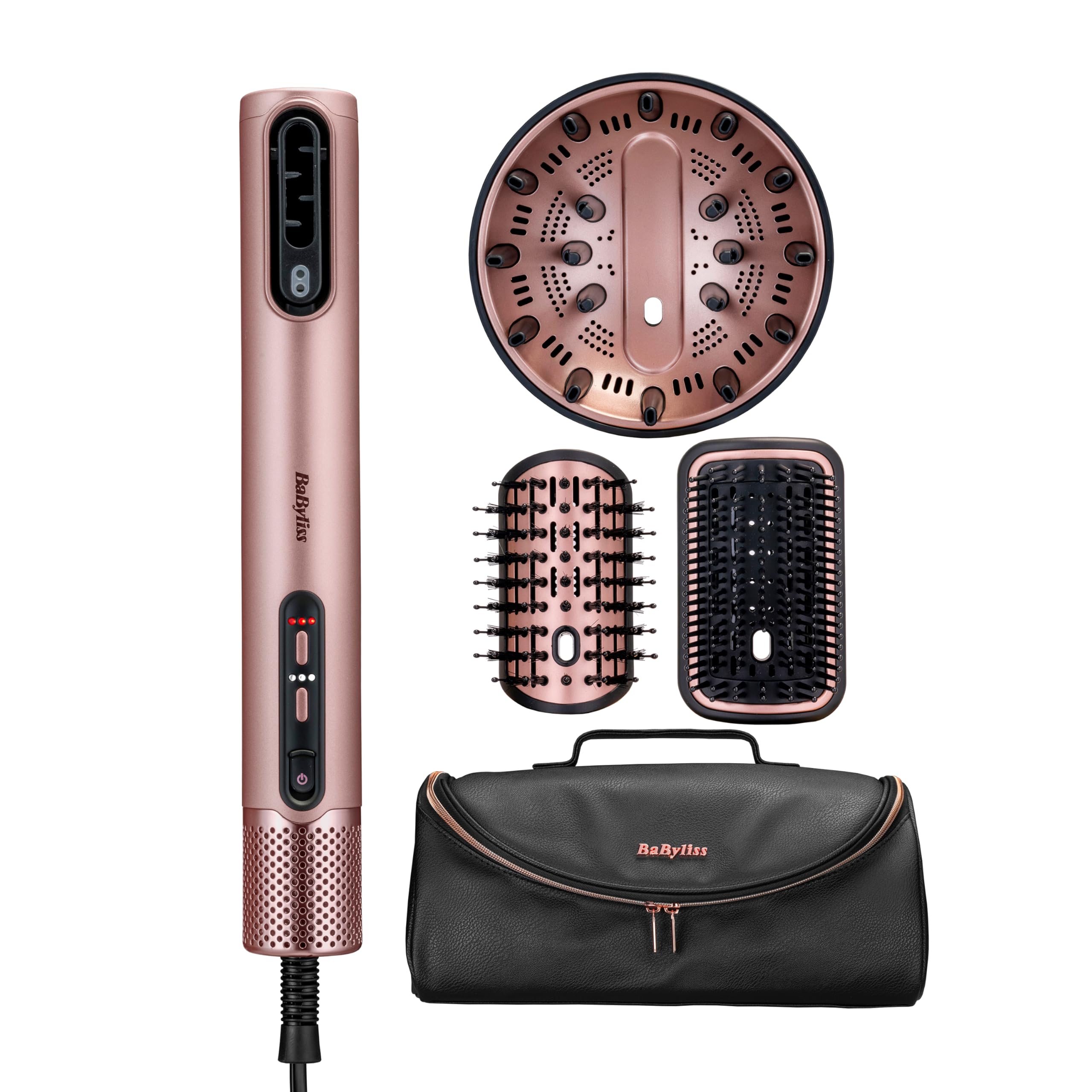 BaByliss Air Wand, 4‑in‑1 Styler und Haartrockner mit Diffusor & Luxus-Case, Wet‑to‑Dry Warmluftbürste, Anti‑Frizz Ionen-Technologie, Ohne Hitzeschäden, Föhn mit 3 Aufsätzen, Pink, AS6556E