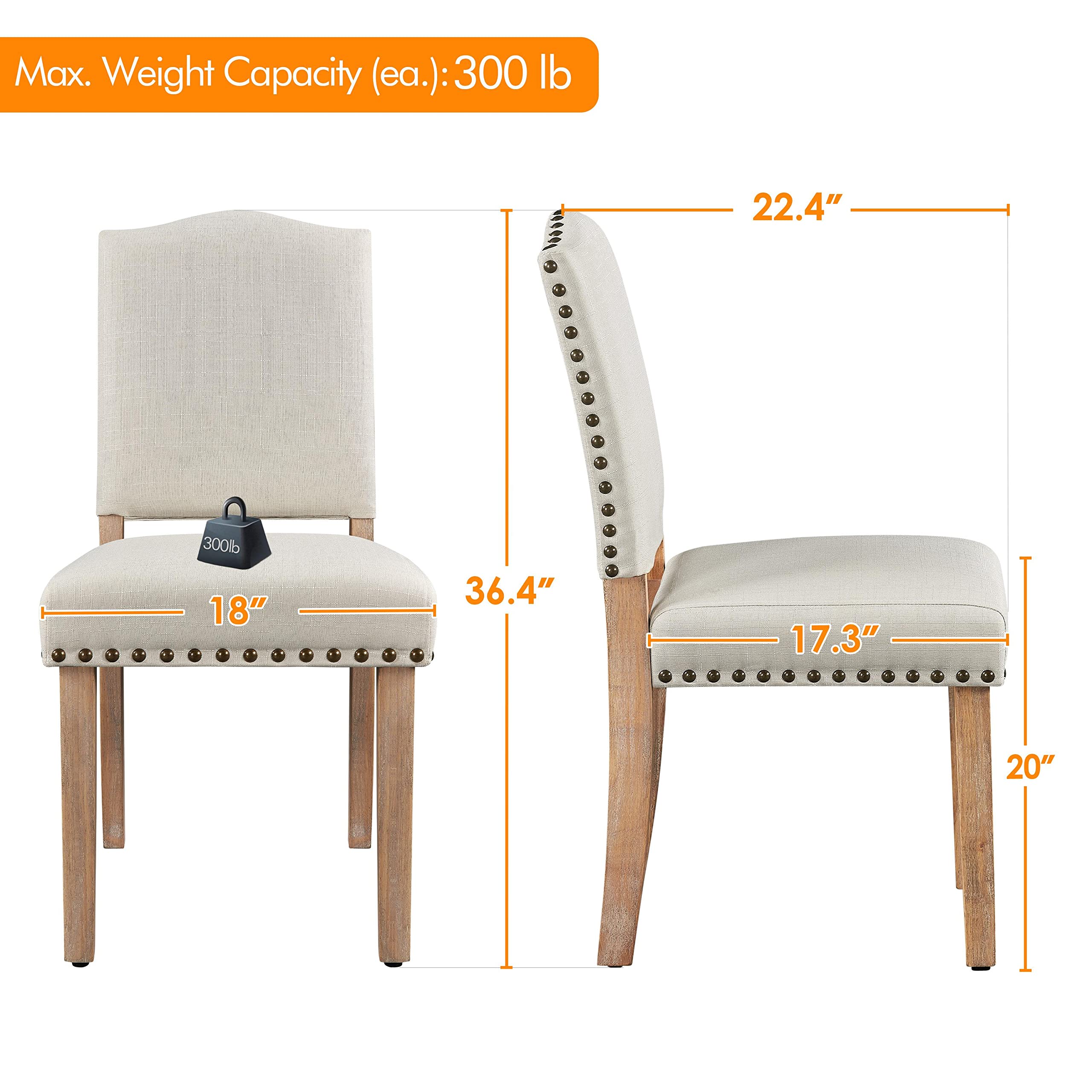 Yaheetech Dining Chairs Set of 2 Dining Room Chair Fabric Parsons Chairs with Nailhead Trim and Solid Wood Legs for Home, Kitchen, Dining Room, Beige
