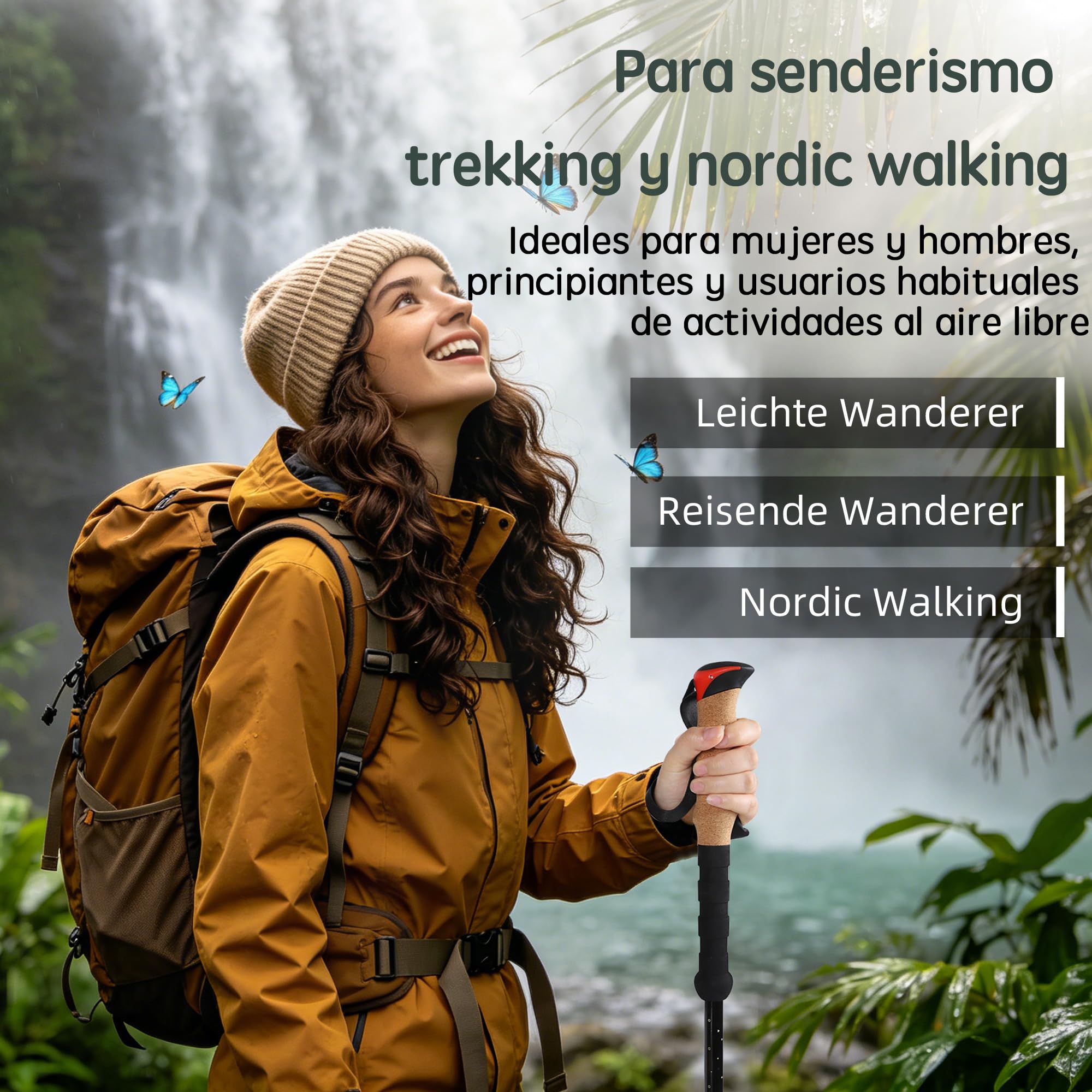 Bastones de Trekking telescópicos 2 Unidades, 200 g Cada uno, 62–135 cm, Carbono, empuñadura de Corcho + EVA, Cierre de Aluminio, para Trekking y Marcha nórdica
