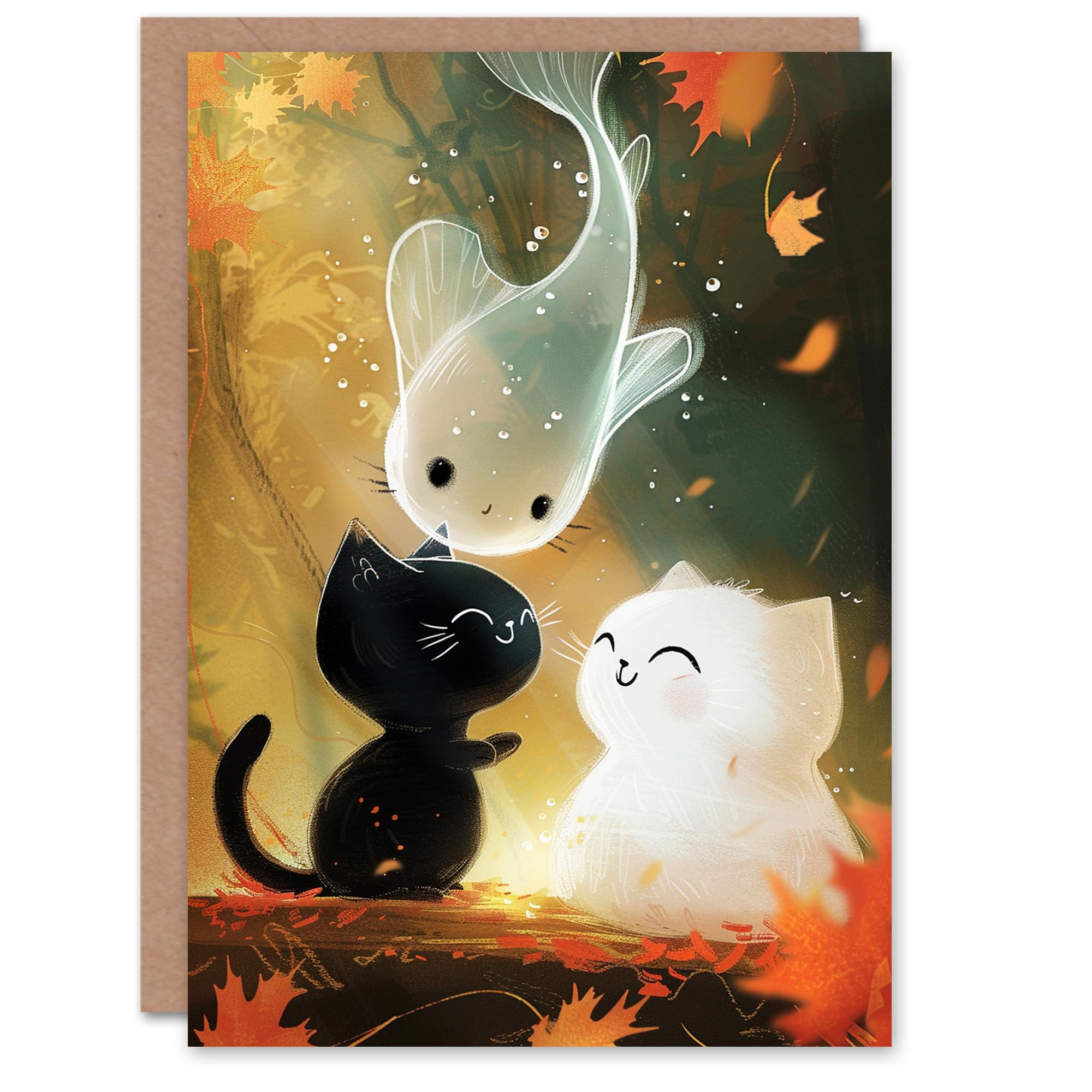 Artery8 Birthday Card Cute Cats Black White Kittens Ghost Fish For Son Daughter Girl Boy Kids Happy Card