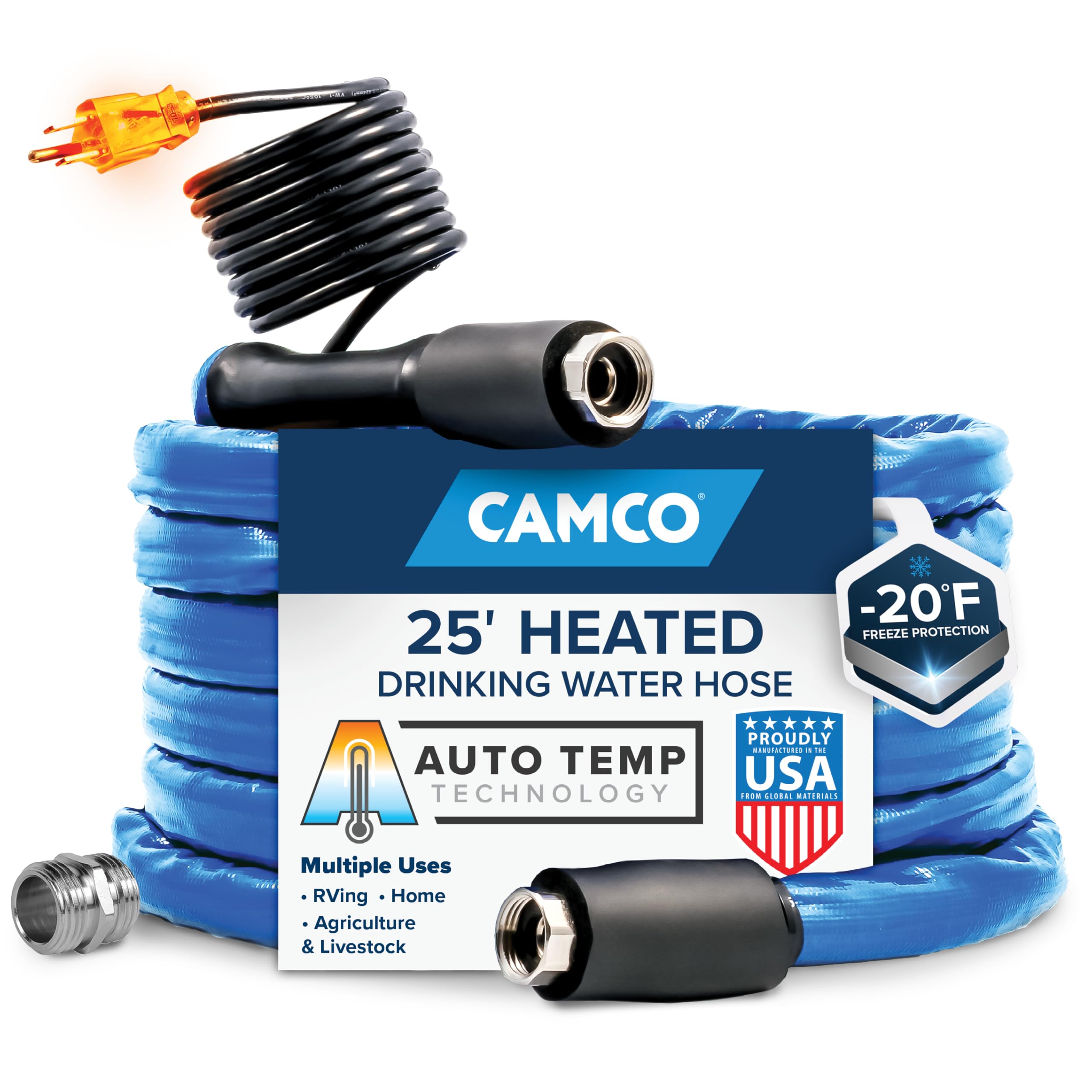 25-Ft Heated Water Hose for RV - Water Line Freeze Protection Down to -20°F/-28°C - Features Energy-Saving Thermostat & Includes Adapter for Connection to Either End of Hose (22911)