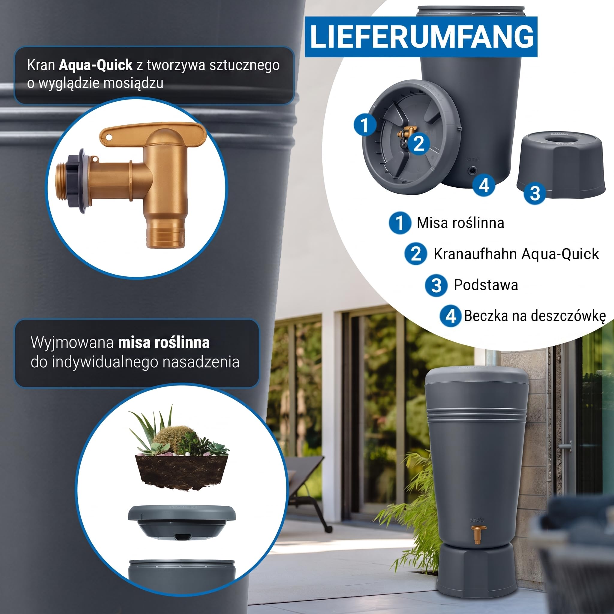 4rain AZURA 2w1 zbiornik na deszczówkę 120 l graphite grey | z misą na rośliny i podstawką