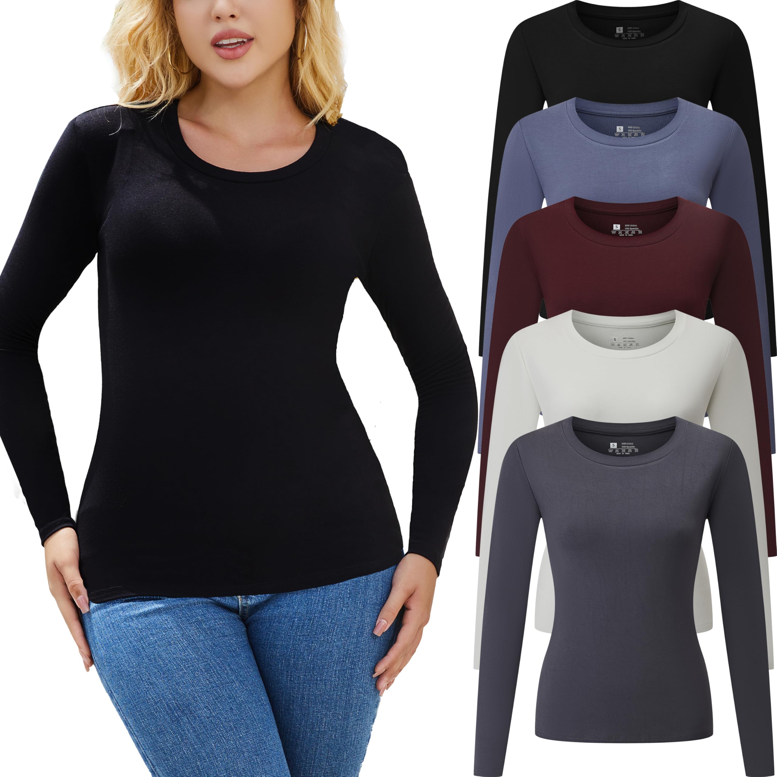 Chongbaijia 5 Pack Long Sleeve Shirts for Women Crew Neck Basic T Shirt Fall Stretch Tight Fitted Thermal Shirts Fashion Tops