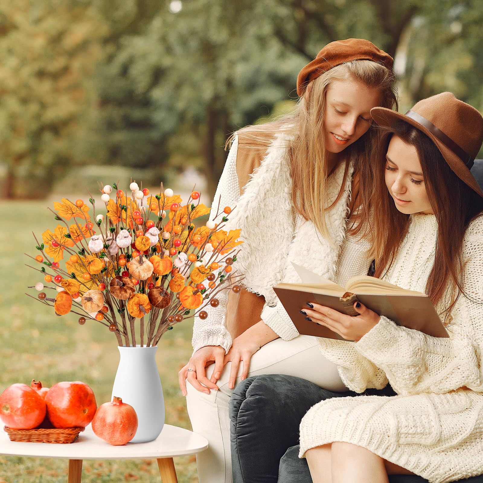 Condition photo showing New/Like New for 8Pcs Fall Artificial Flowers Pumpkin Picks Decor - Berry Stems with Maple Leaves for Autumn Thanksgiving Home Vase Table Centerpiece Decoration