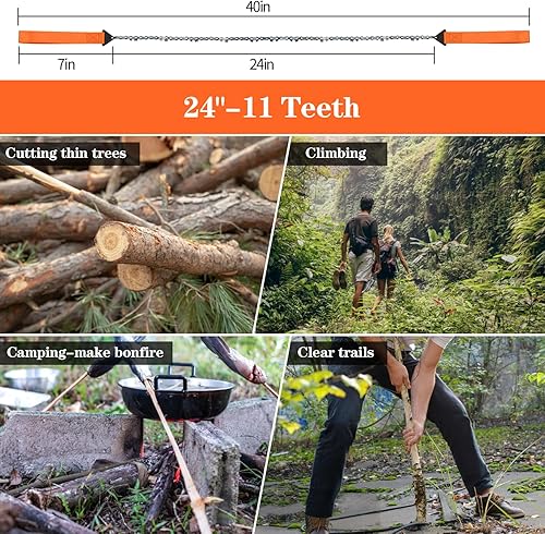 Miniatura 3 de Motosierra de bolsillo, sierra de cuerda de bolsillo de 24 pulgadas, sierra de mano de cadena plegable con bolsa de transporte, para supervivencia