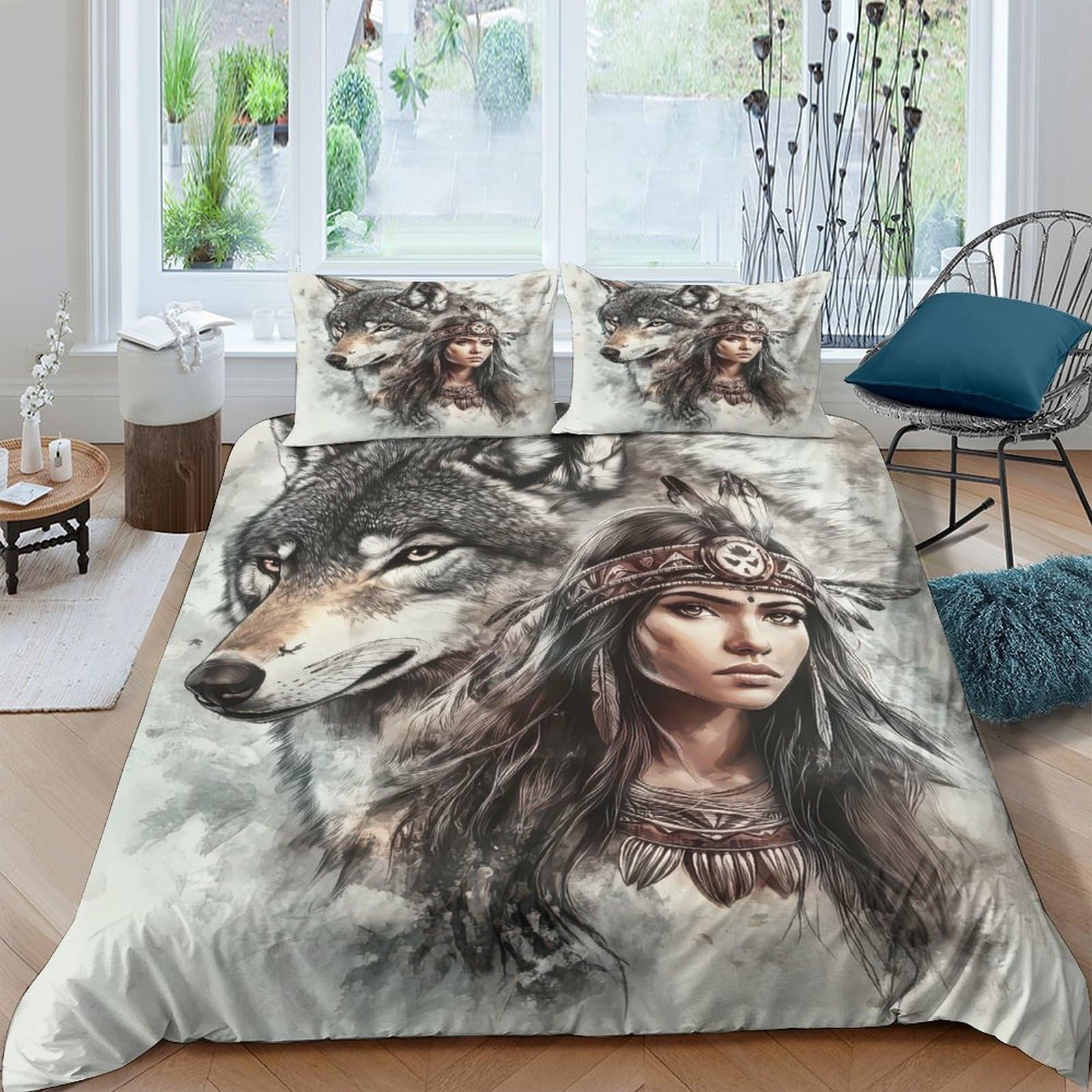 Ctjqhvkz Style-2 3D Printed Wolf Spirit Fitted Sheet Microfiber Soft Breathable Native Woman Bed Cover For Bedroom Dorm Decor Single（135X200cm）