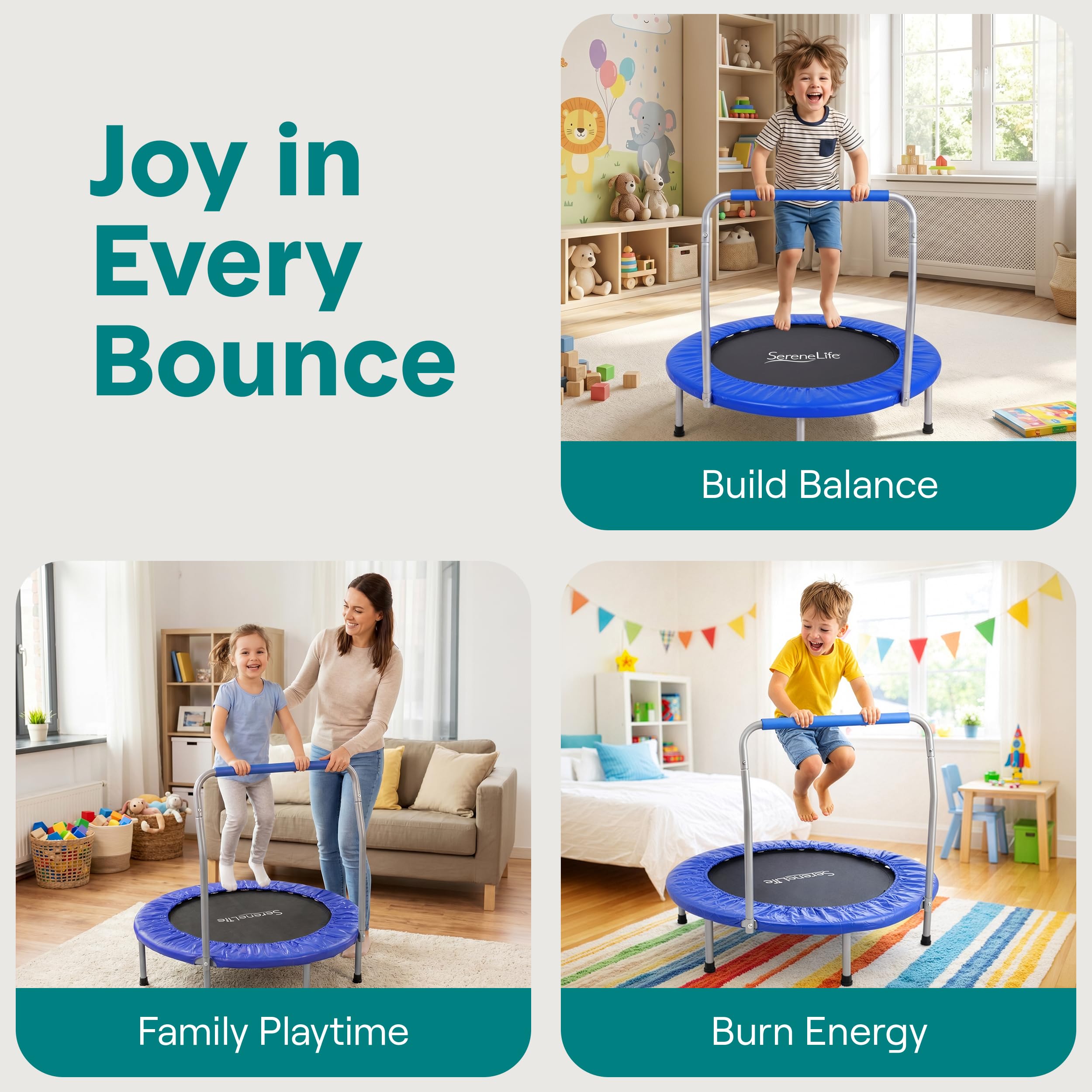 SereneLife Trampoline Pliable 91 cm – Mini Trampoline Fitness avec Rebondisseurs Silencieux, Poignée Mousse, Fitness Enfants/Adultes, Intérieur/Jardin, Charge 68 kg