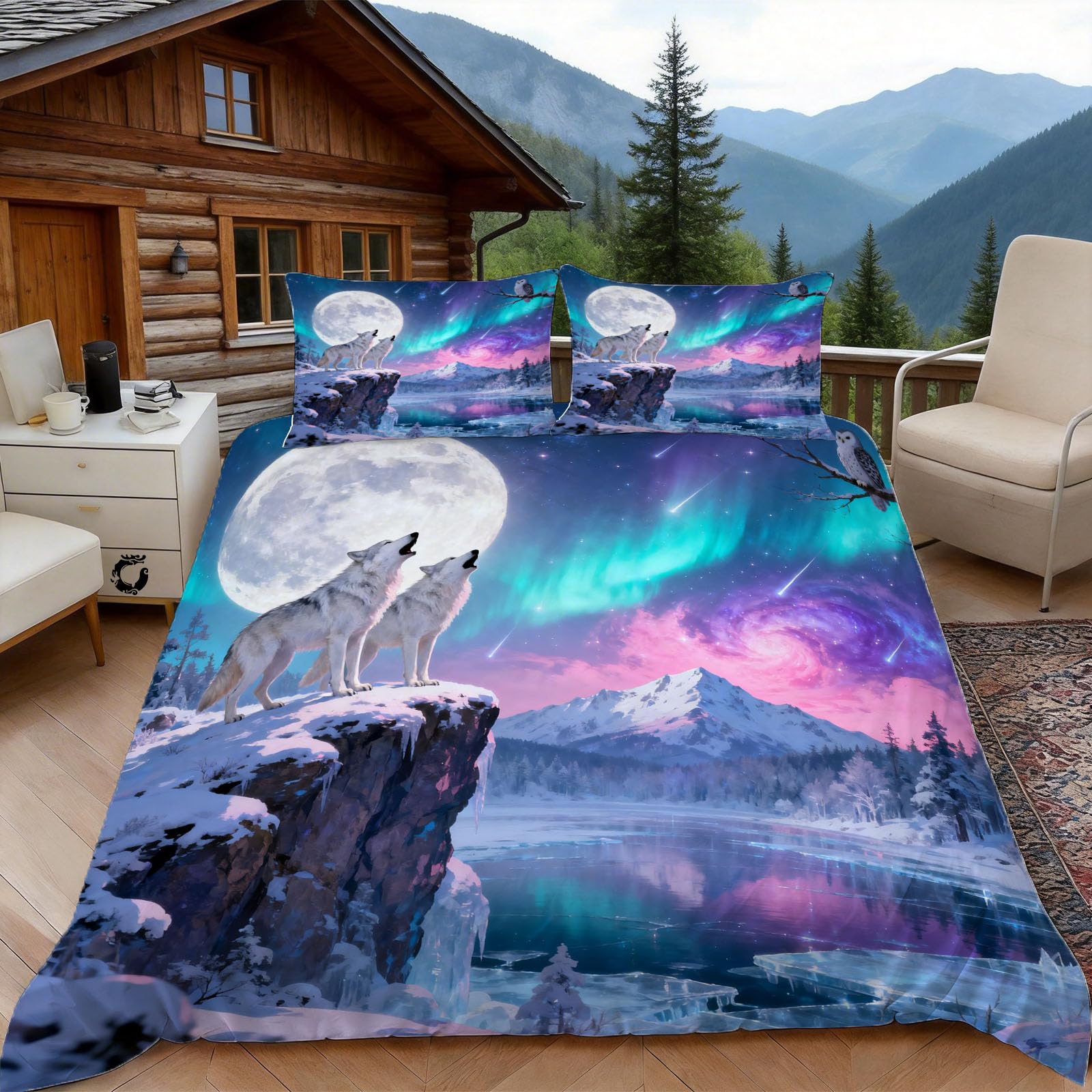 3D Single Duvet Cover Set 3D Printed Wolf Moon Bedding, Aurora Theme Soft Microfibre Duvet Cover Sets Quilt Cover and Pillow Set with Zipper 3 Pcs