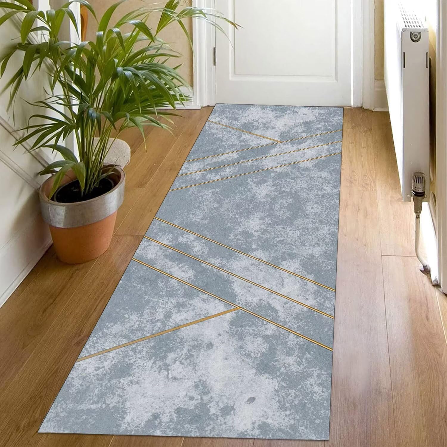 Tappeto runner per corridoi, lungo antiscivolo, 80 x 300 cm, tappeto da cucina, lavabile, blu, grigio, oro, corridoio, tappeto per camera da letto, soggiorno, design moderno antiscivolo per