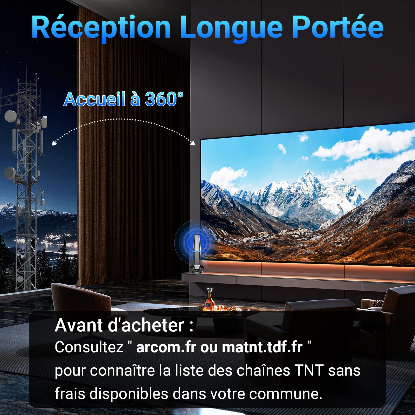 Antenna TV per interni - Antenne TNT per Smart TV con potente base magnetica e amplificatore, lunga portata fino a 80 km, compatibile con tutti i televisori