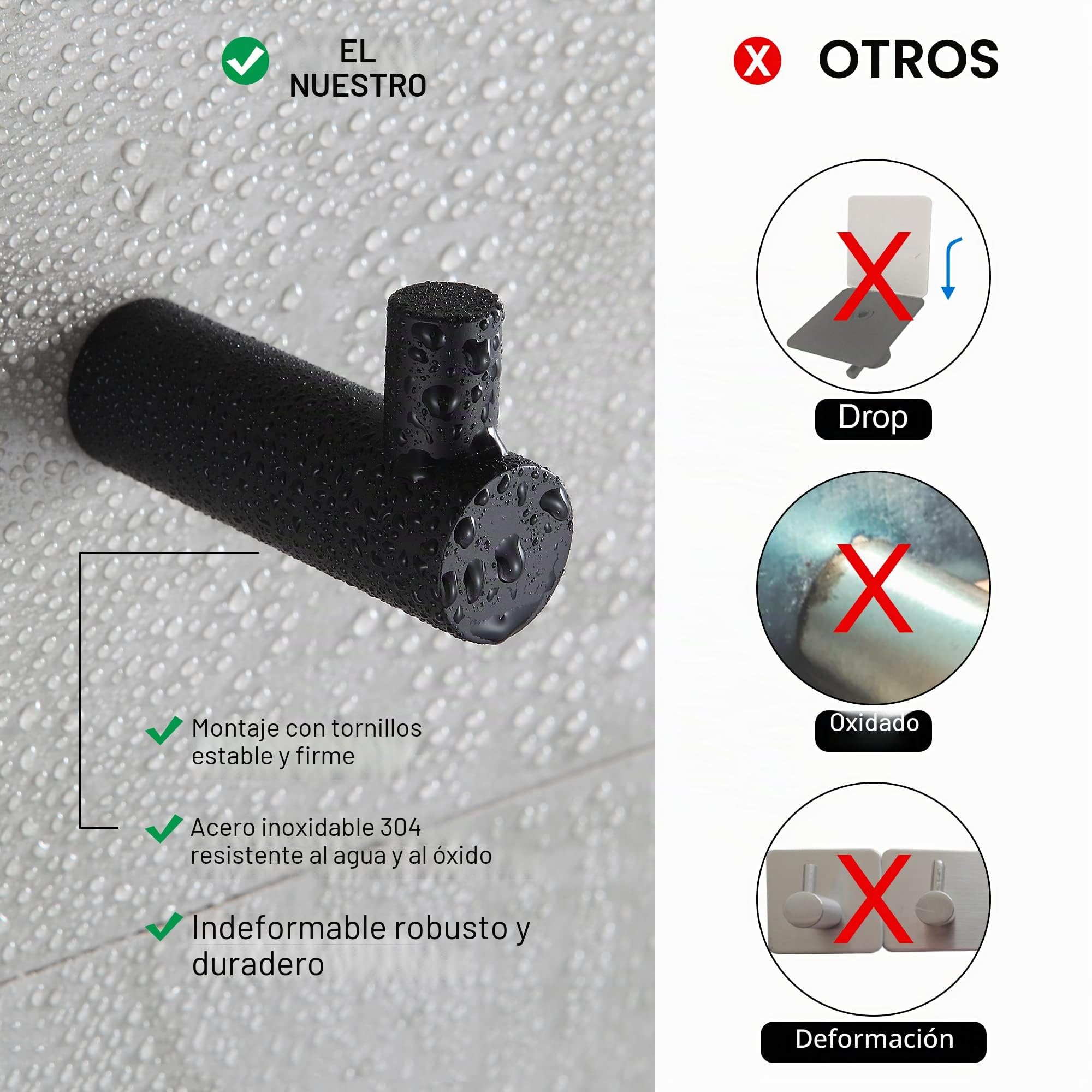 BVL Ganchos de toalla negros, 5 paquetes de ganchos para abrigos montados en la pared, 304 ganchos de acero inoxidable para baño y cocina