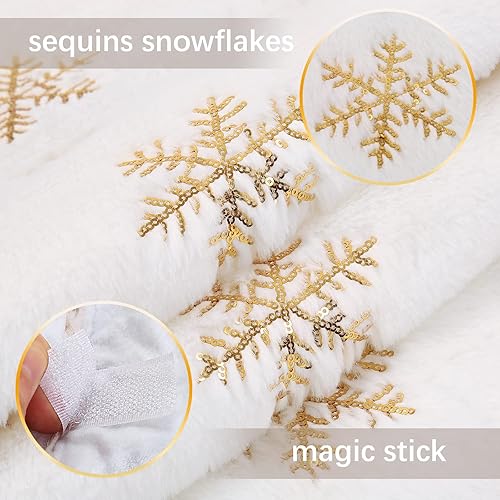 Miniatura 9 de Falda de árbol de Navidad blanca de 24 pulgadas, pequeña falda de árbol de copo de nieve de piel sintética color oro rosa para vacaciones, fiesta de