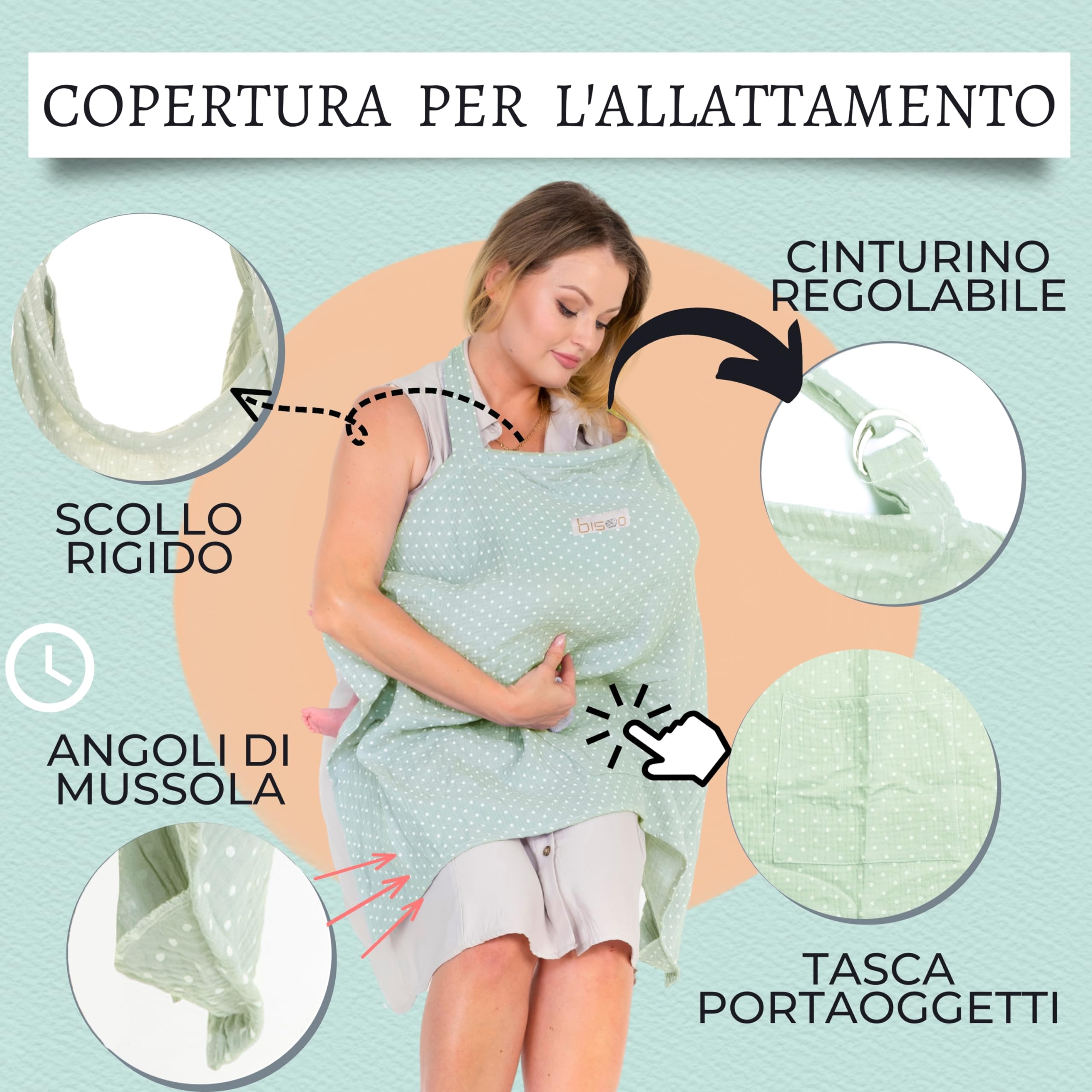 Bisoo Copri Seno Allattamento 100% Mussola - Sciarpa Regolabile e Traspirante - Copertura Multifunzionale con Borsa Inclusa - Menta