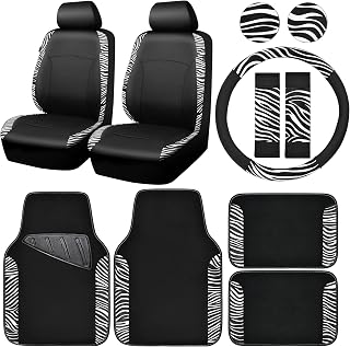 CAR-PASS Zebra Faux Leather Car Seat Covers & Zebra Car Mats & Zebra Steering Wheel Cover Seat Belt Pads Universal Zebra Print Car Accessories for SUV,Van,Saden,Truck Cute Automobile Interior Sets