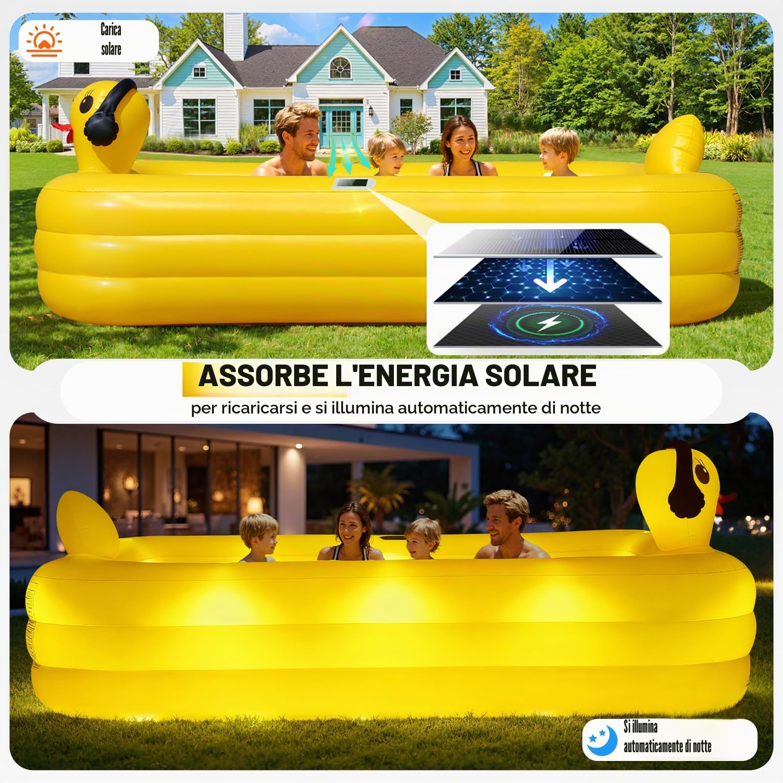 KingSom Piscina Gonfiabile con Luci, Paperella Piscina Gonfiabile Rettangolare Solare, Grande Piscina per Bambini e Adulti, 254 x 160 x 56 cm, Piscina Fuori Terra per Famiglie per Giardino, Esterni