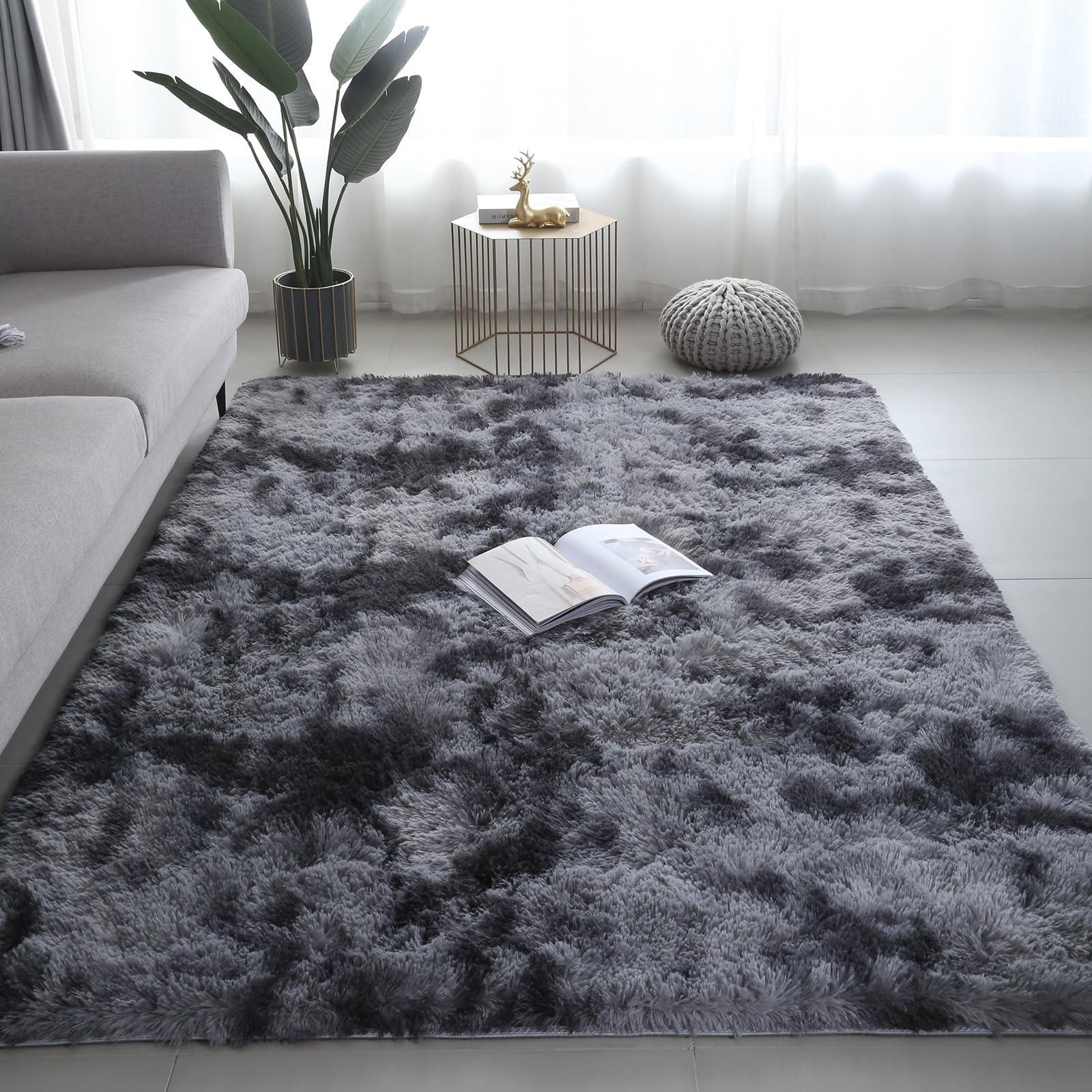 Shag Area Rugs for Bedroom Living Room,5X8 Ultra Soft Fluffy Area Rugs for Dorm, Indoor Carpet Nursery Rugs for Kids Room Home Decor, Black Grey
