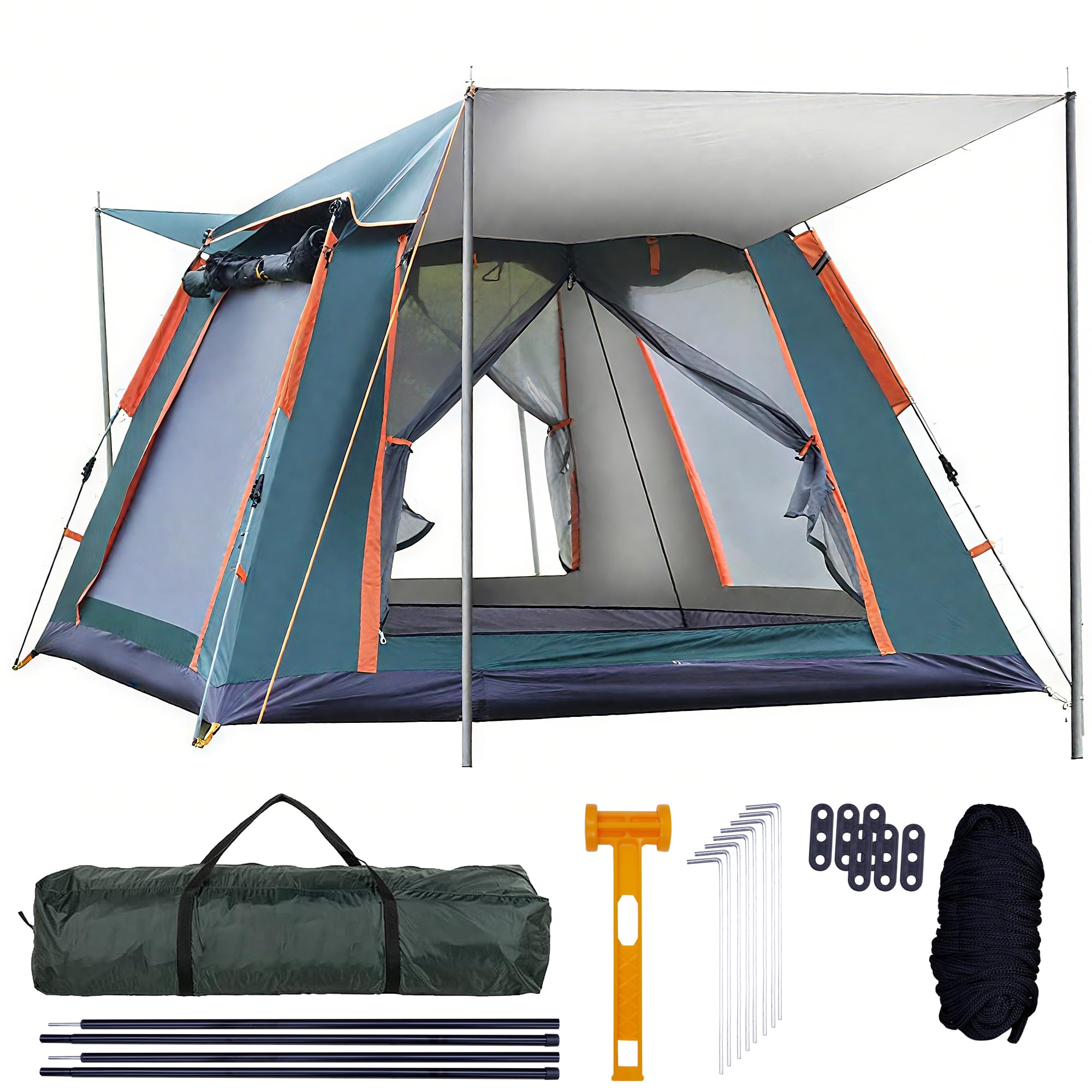 QQ CAT Pop Up Tent 2 Man, Waterproof 3000mm Instant Camping Dome Tent with Porch, Windproof Automatic Fast Festival Tent for Adults 4 Seasons, Green/Orange