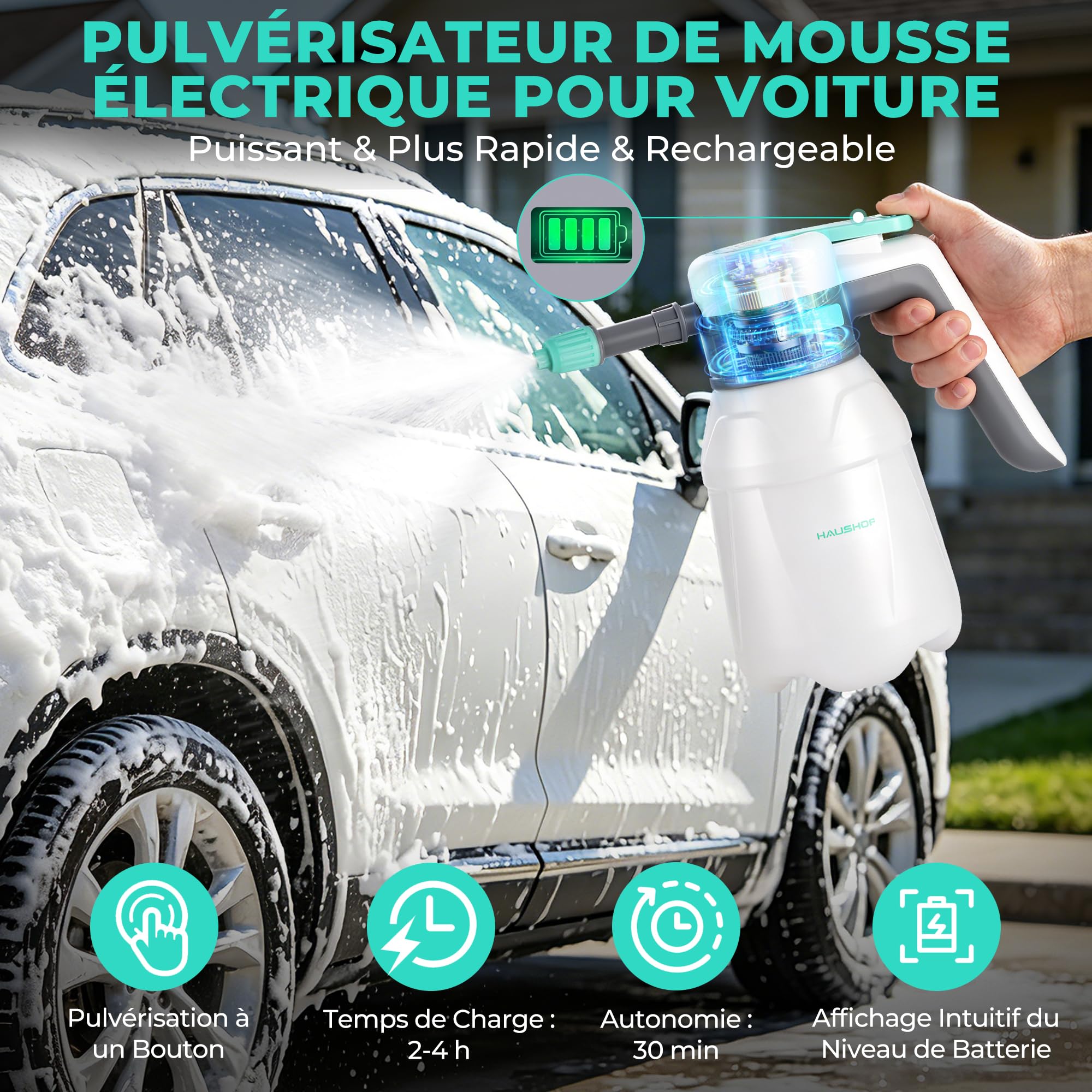 HAUSHOF Pulvérisateur de Mousse Électrique 1,8 L USB-C pour Lavage Auto