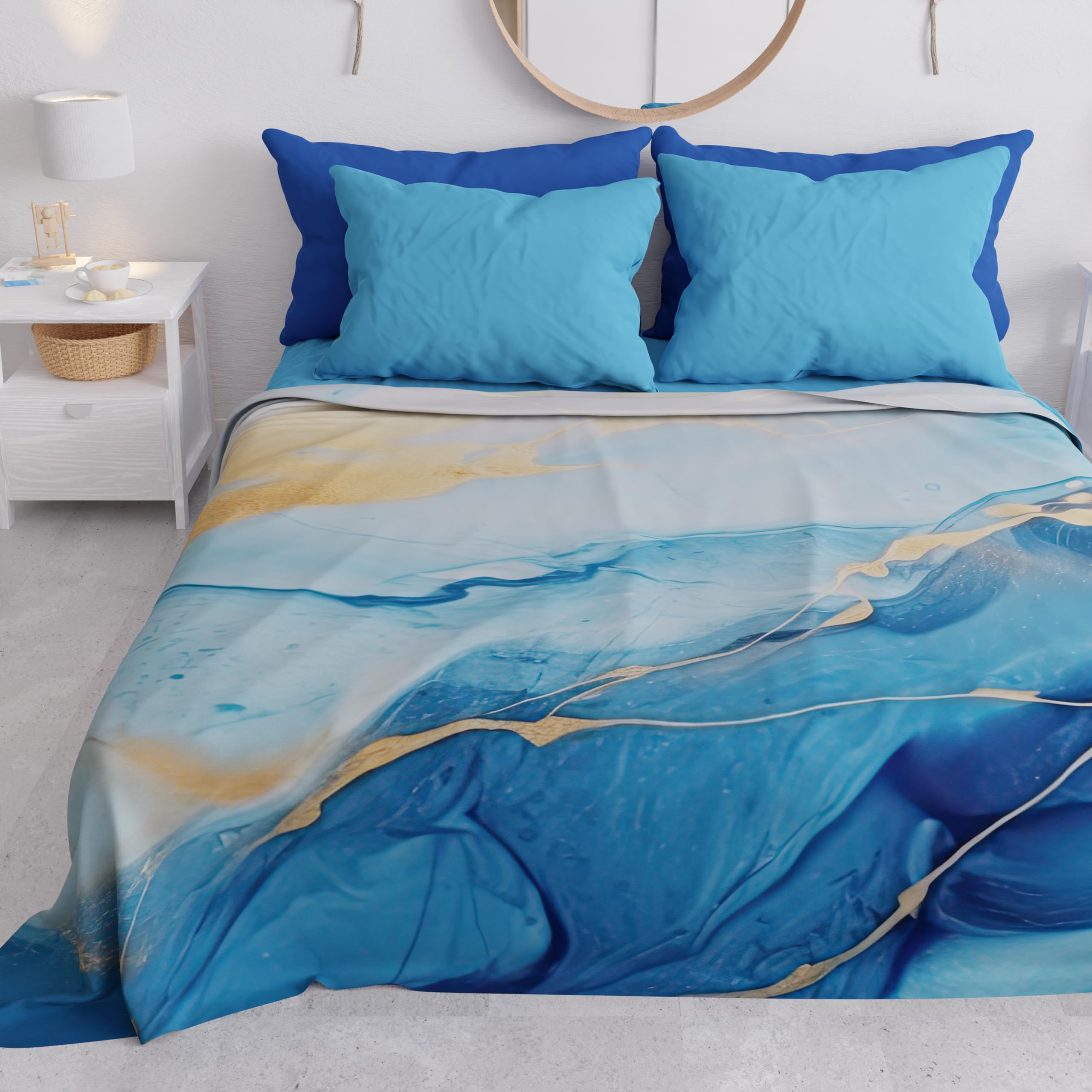 PETTI Artigiani Italiani - Double Bedspread Spring Summer Light Blanket Double Bed Sheet Marble Light Blue 100% Made in Italy