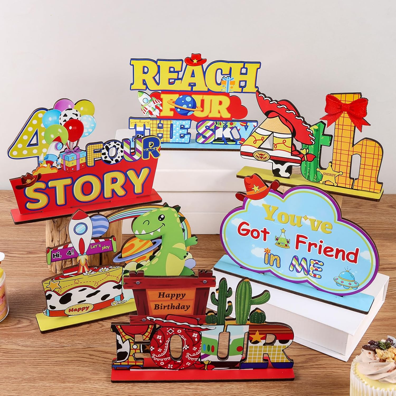 Reach Four Sky Wooden Table Centerpieces for 4th Birthday Party Decorations | 6pcs Cartoon Toy Blue Sky Clouds Table Centerpieces for Boys Four Birthday Cowboy Story Table Topper Sign Decors