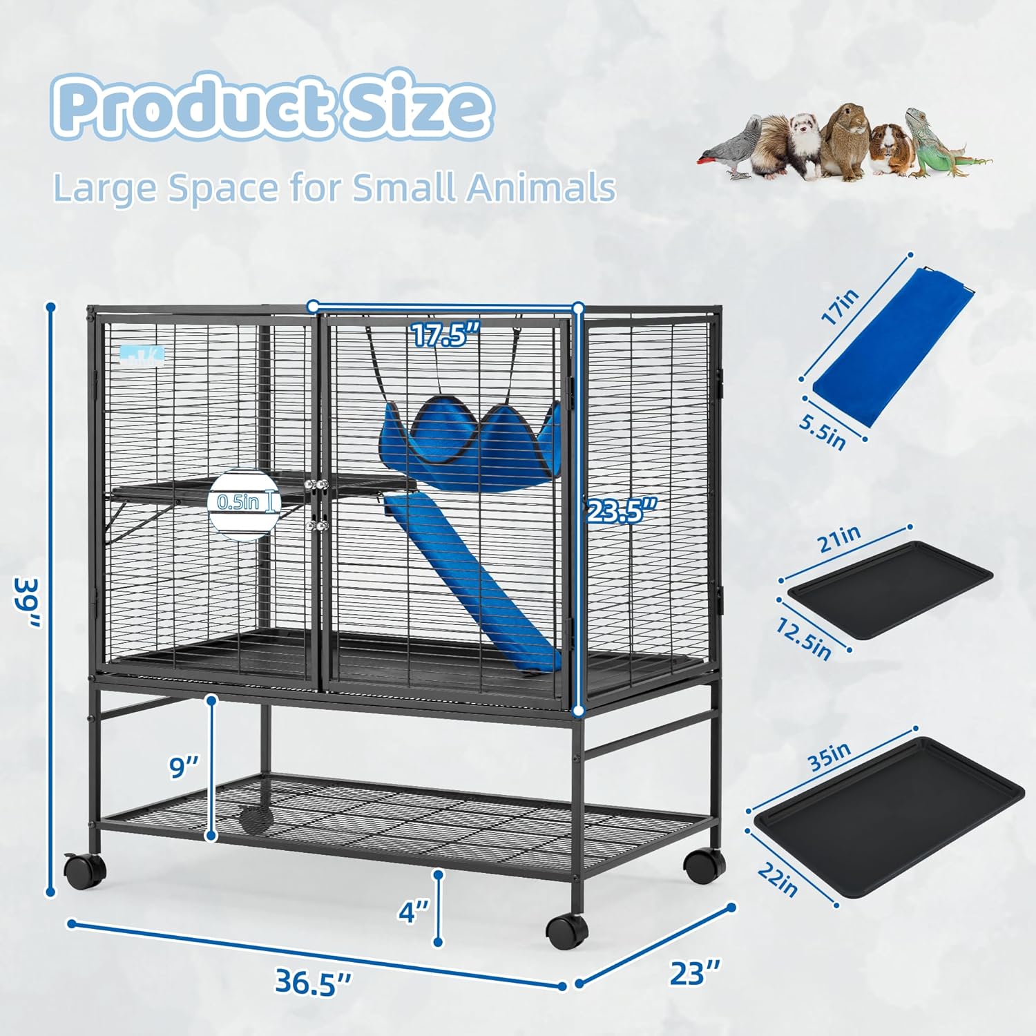 Large 40" Rolling Metal Cage, 2-Tier Small Animal Cage for Ferrets, Chinchillas, Rats, with 0.5'' Bar Spacing, Removable Ramp & Platform (Large)