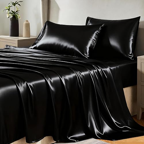 CozyLux Satin Sheets Queen Size Bed Set - 4 Piece Silky Queen Sheet Set, Luxury Black Queen Sheets with Smooth and Soft Microfiber, Includes 1 Fitted Sheet, 1 Flat Sheet and 2 Pillowcases