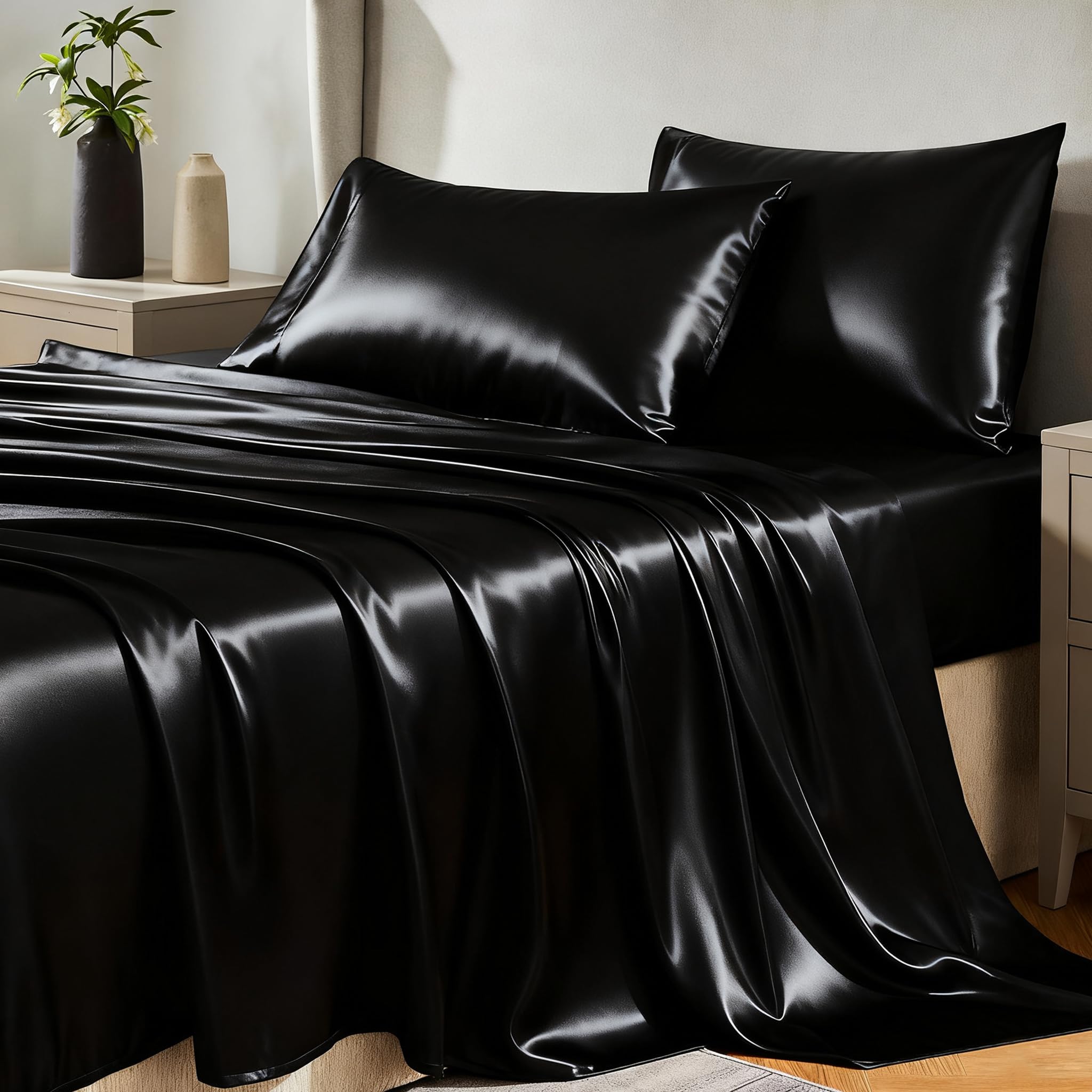 CozyLux Satin Sheets Queen Size 4-Pieces Silky Sheets Microfiber Black Bed Sheet Set with 1 Deep Pocket Fitted Sheet, 1 Flat Sheet and 2 Pillowcases, Smooth and Soft