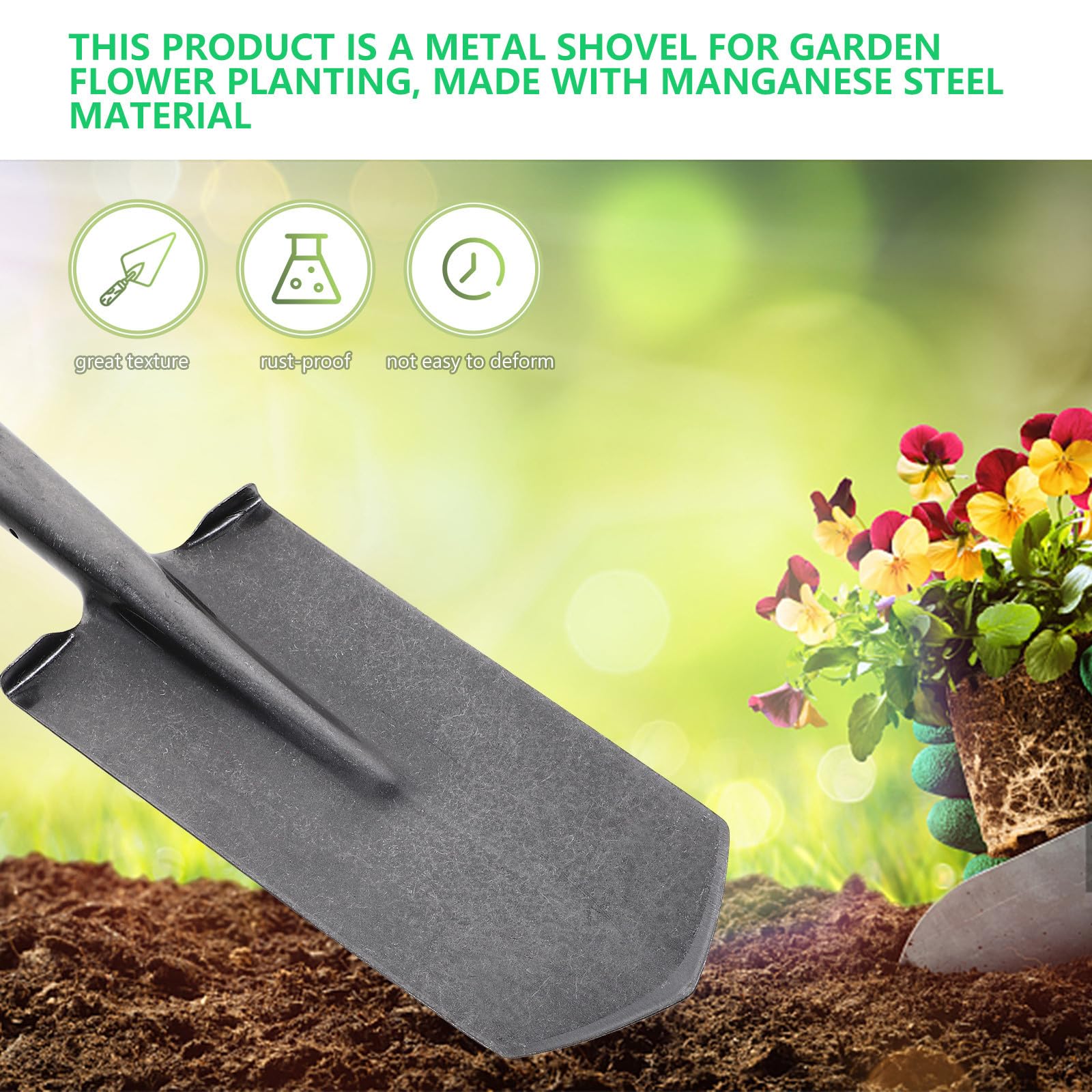 Mikikit Gartenschaufel aus Manganstahl mit Schmaler Spitze und Stiel Multifunktionales Gartenwerkzeug zum Pflanzen und Umpflanzen im Außenbereich