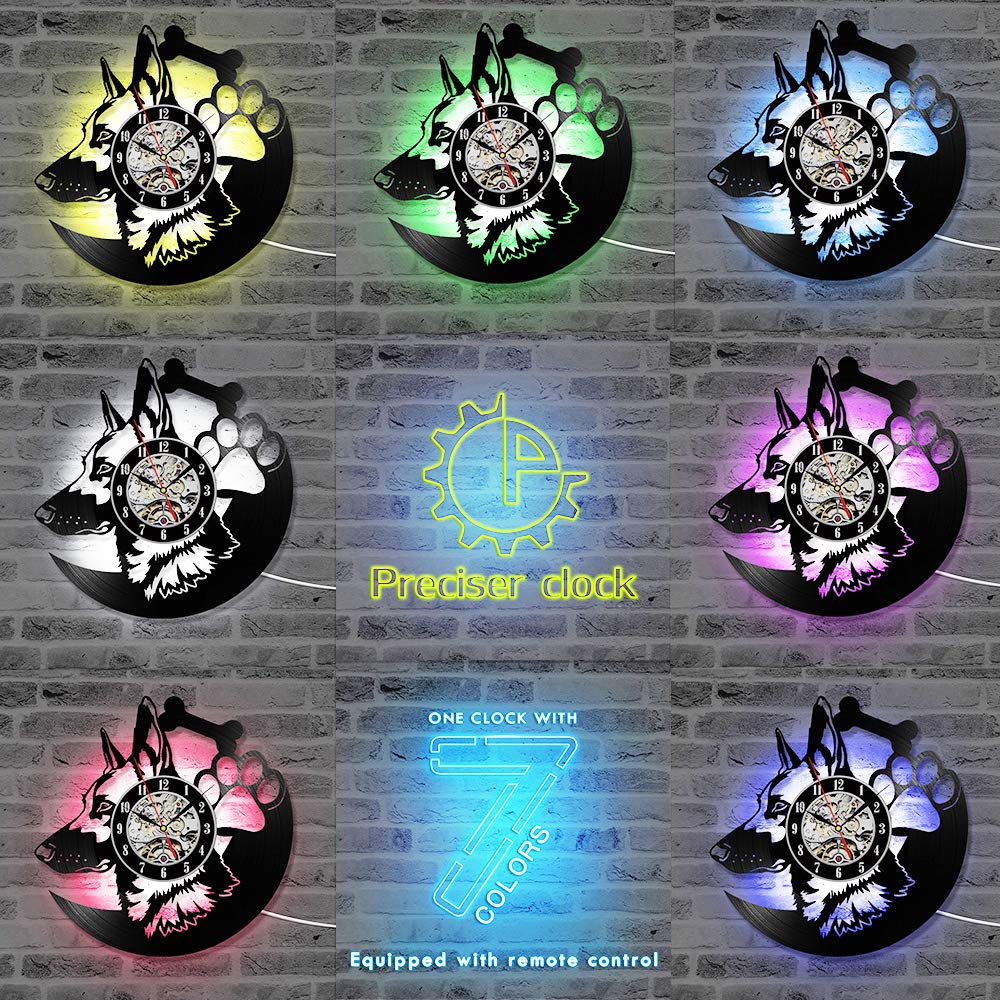 Fawoonu 12’ LEDs Wall Clock Retro Wall Mounted Timepiece Shepherd Dog Animal Design LP Clock with 7 Colors Art Lover Gift Decorations for Home Cafe Restaurant