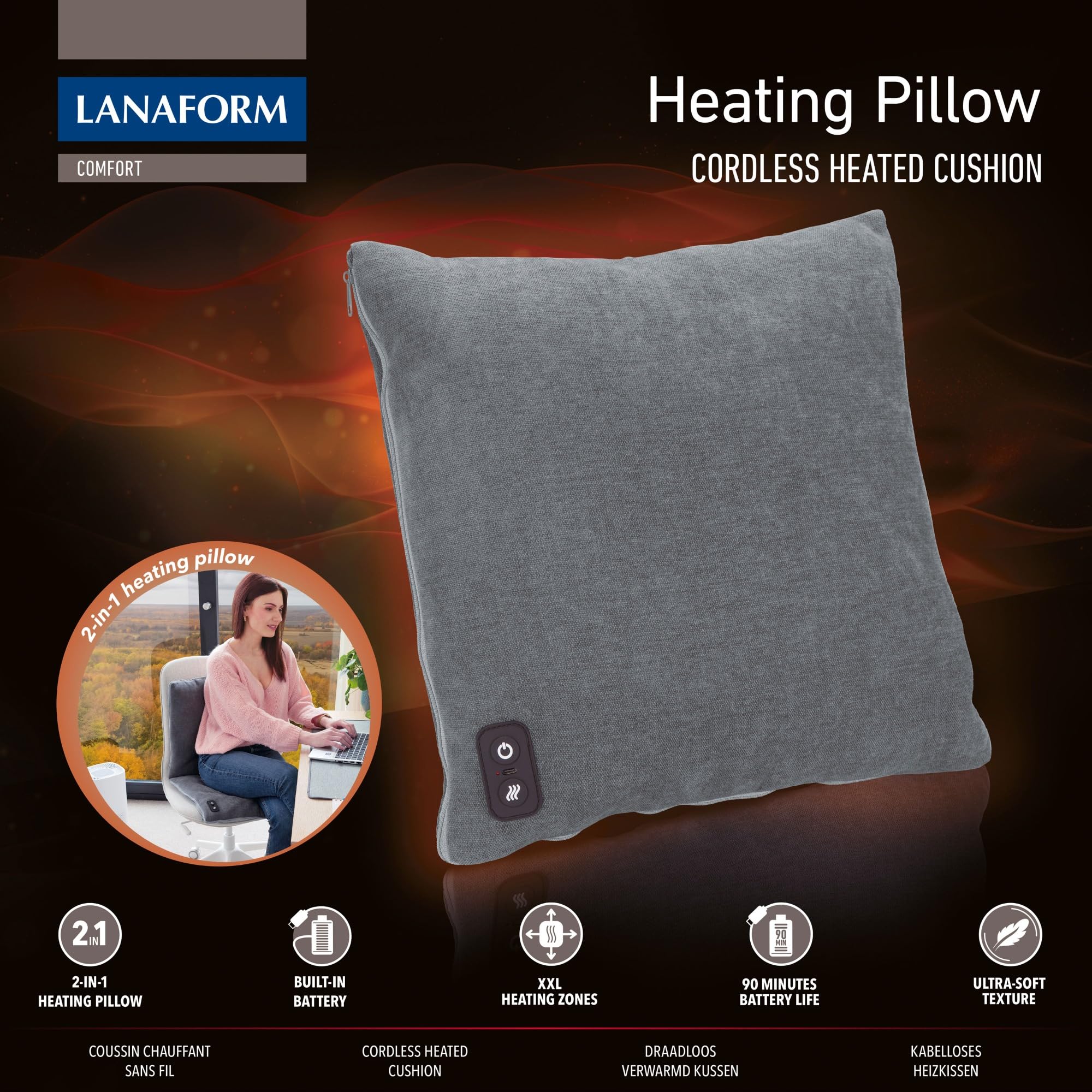 Heating Pillow - Cojín Calefactable Sin Cable - Funda Asiento Térmica 2 En 1 - Calor Espalda Lumbares Sillón - Batería Recargable USB - Zonas XXL – Textura Ultra Suave Confort