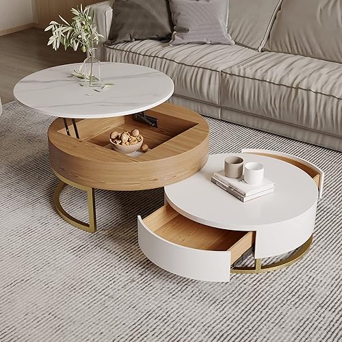 Sdorens Lift Top Coffee Table, Round Coffee Table with Hidden Storage, Nesting Coffee Table Set of 2, End Table, Center Table for Living Room, Home, Office (White)