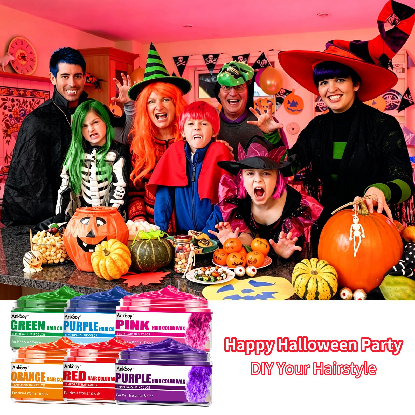 ANKOOY Wosk do włosów, tymczasowy, naturalny kolor włosów dla mężczyzn, kobiet, dzieci, na co dzień, na imprezę, Cosplay, Halloween DIY (zielony, pomarańczowy, różowy, fioletowy, czerwony, niebieski