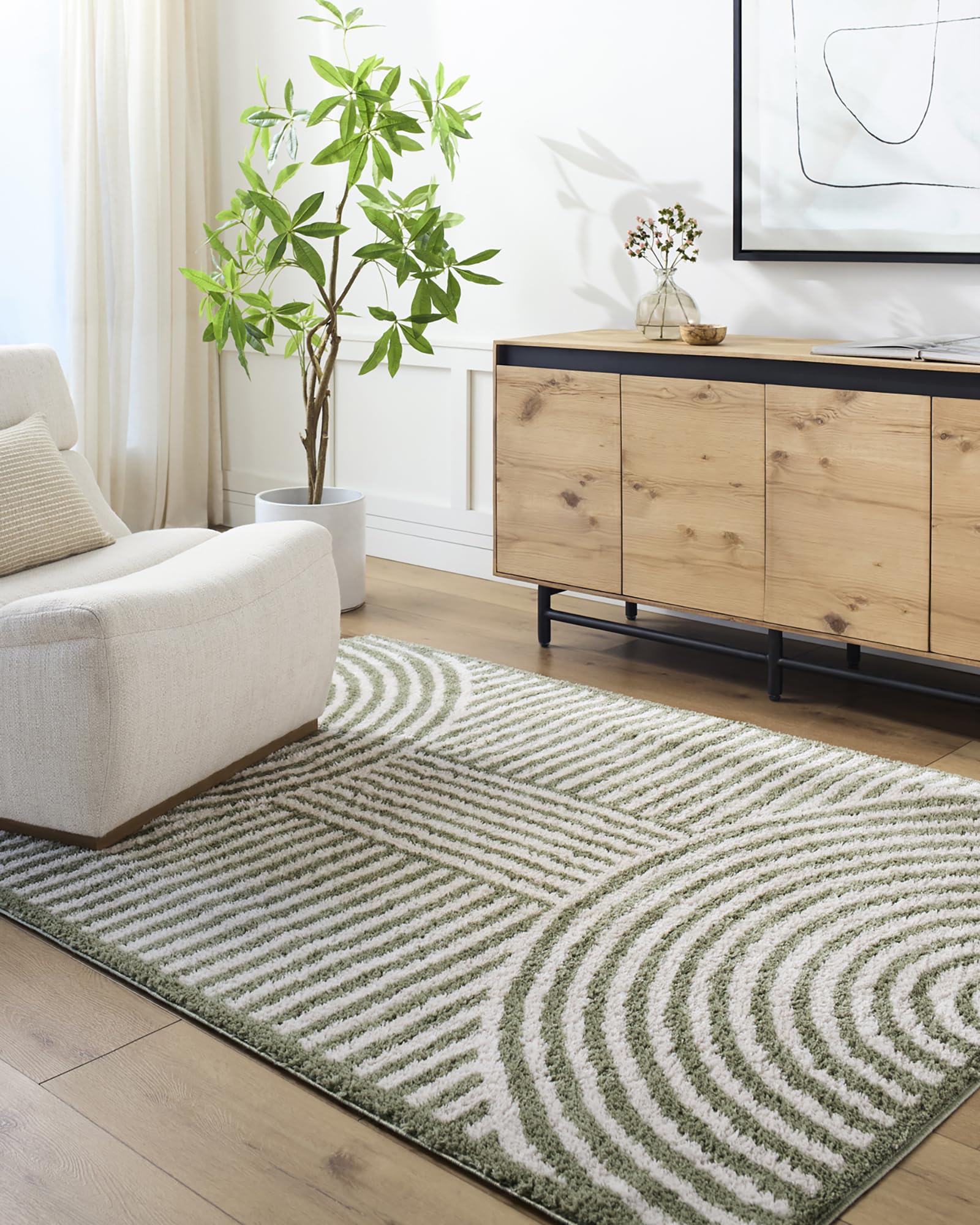 Livabliss Pauline Shaggy Rug - Salon Moderne en berbères, Grand 200x275 cm, Doux et hirsutes pour la Chambre - bohème Neutre et Moelleux, Easy Care, Poil épais en Peluche - Beige Clair, Vert Herbe