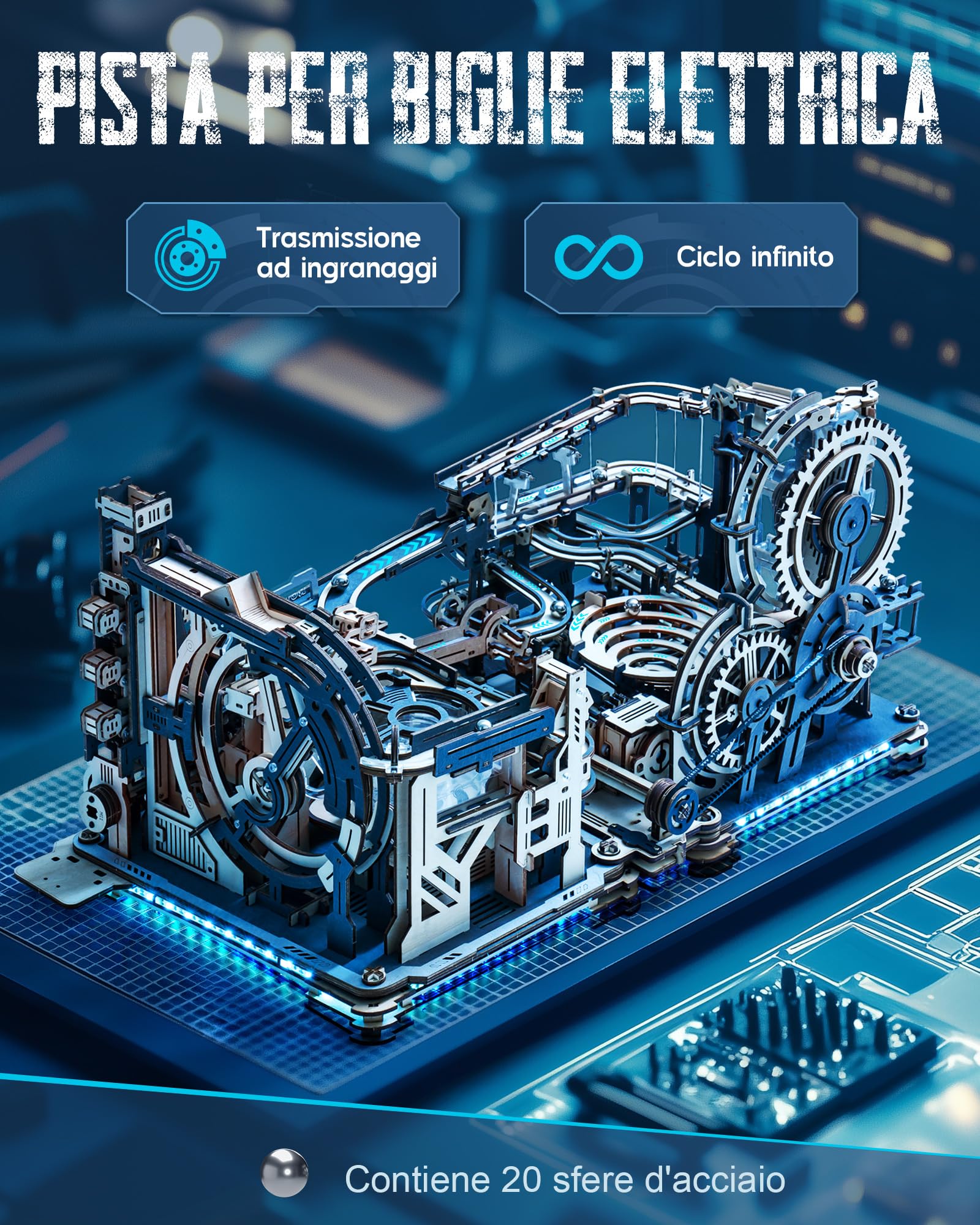 ROKR Piste da corsa Puzzle 3D Legno Modellini da Costruire in Legno, Kit Modello Meccanico a Motore con sfere, Modalità Automatiche, Marble Spaceport & Night City & Kit di collegamen, LGC01 LGA01 LG01