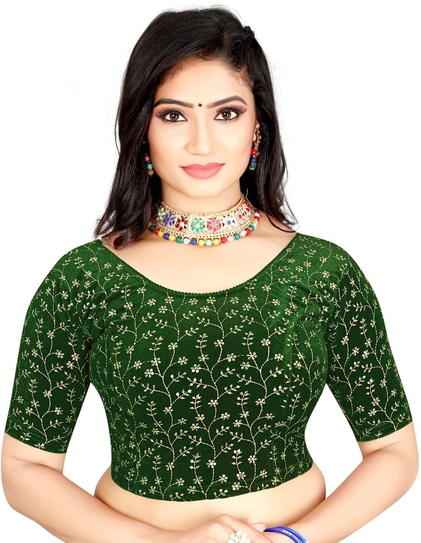 PU Fashion Blouse Stylish Golden Embroidery Work Blouse Stretchable Velvet Blouse New 2024 Collection Women's Saree Blouse