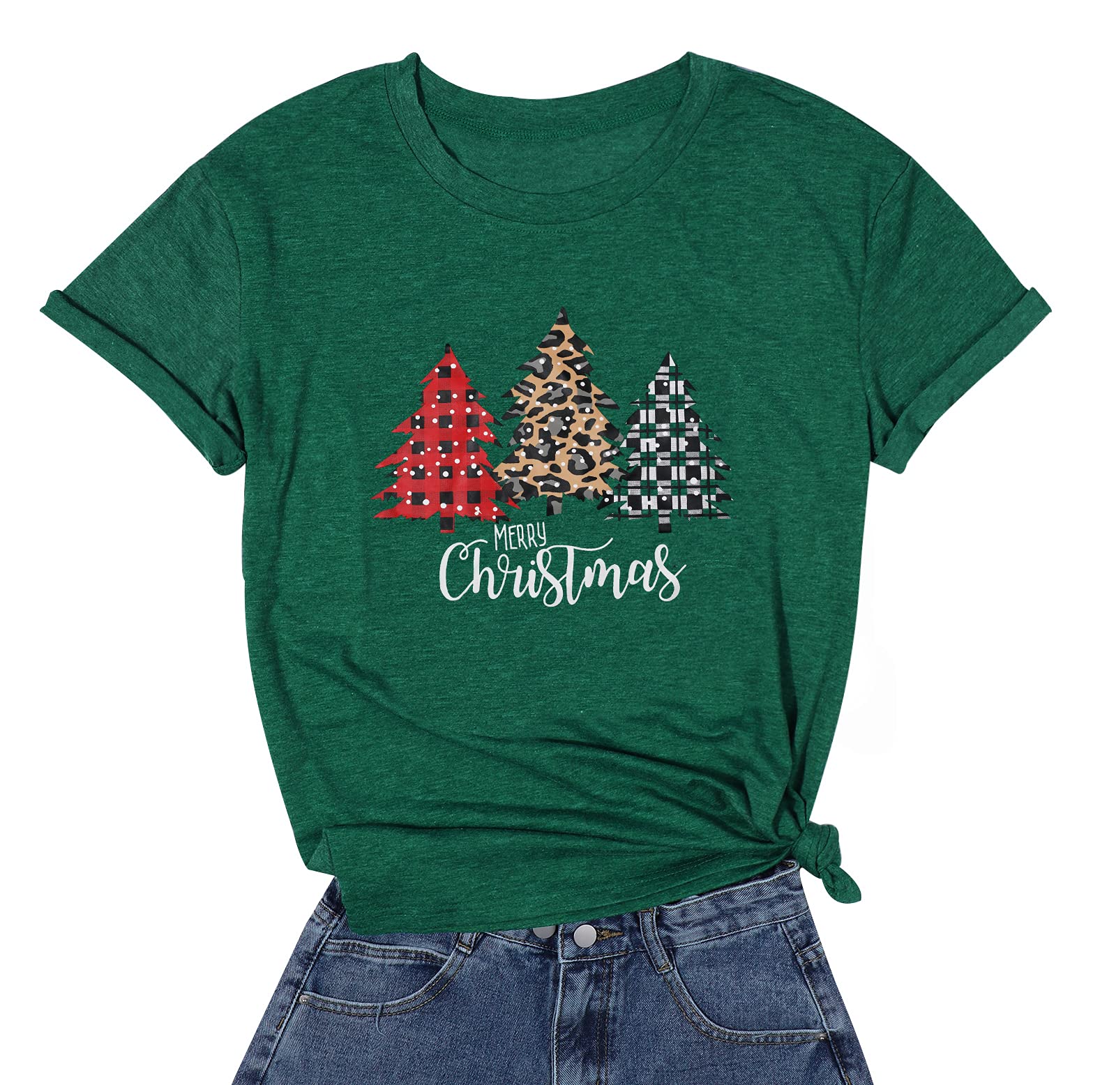 Merry Christmas Shirt Women Leopard Plaid Trees Print Casual V Neck Short Sleeve Tshirt Top