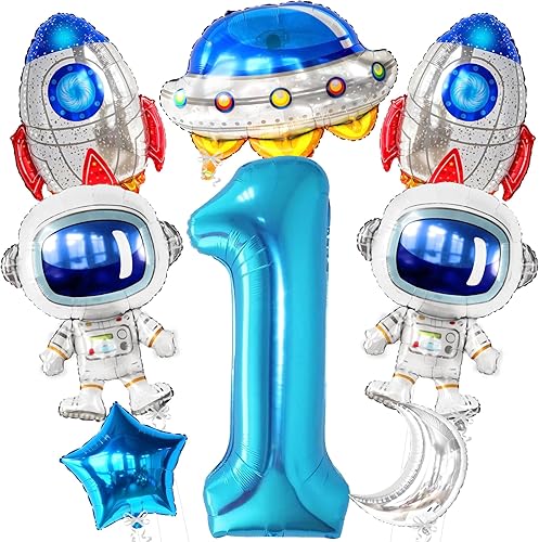 Miniatura 1 de KatchOn, Globo azul con el número 1 para el primer cumpleaños, 40 pulgadas con grandes globos espaciales de astronauta, 37 pulgadas, paquete de 7,