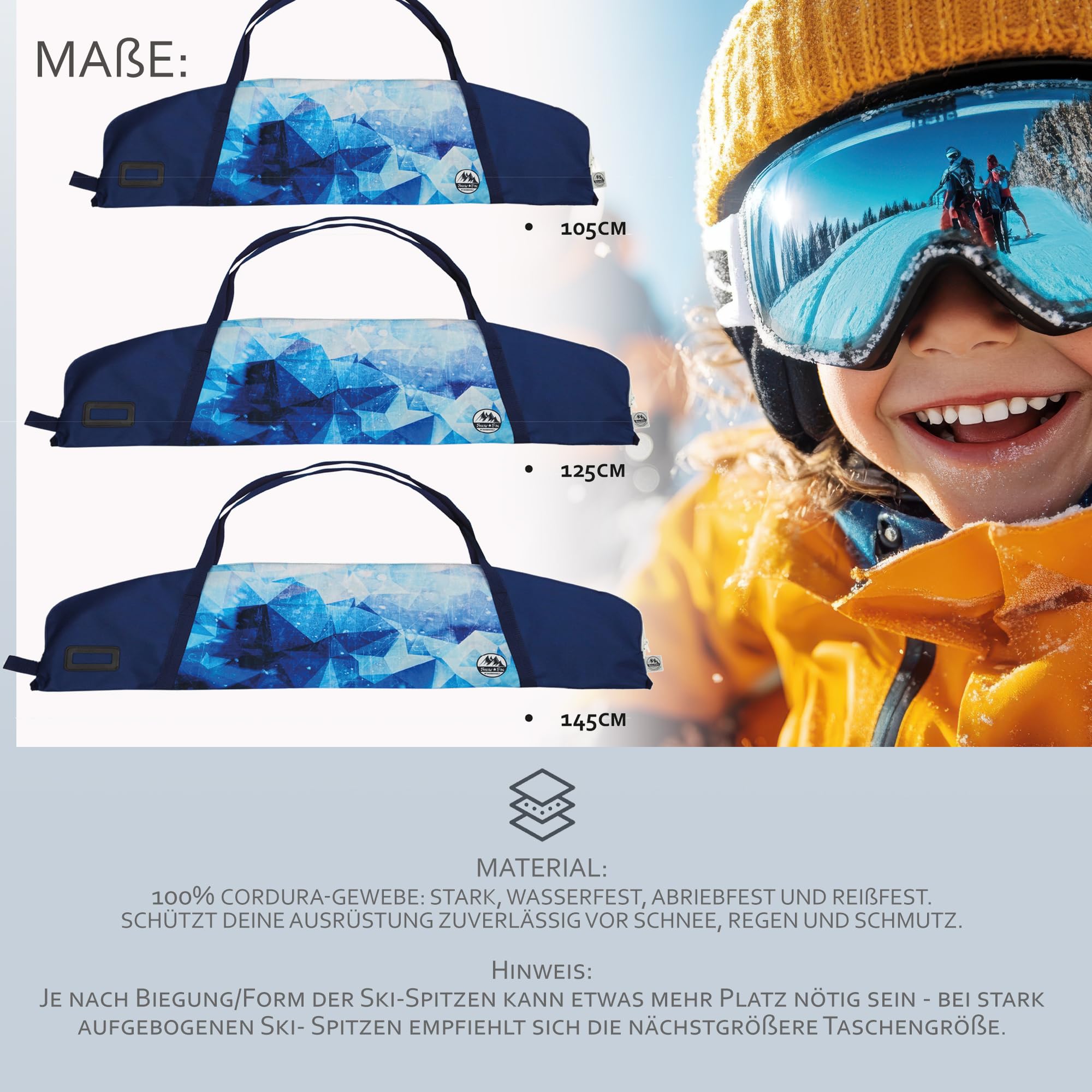 BAMBINIWELT Skitasche Kinder – Robuster Skisack aus wasserdichtem Cordura für Ski, Stöcke & Handschuhe, mit 2-Wege-Reißverschluss, Namensfeld & Tragegriffen