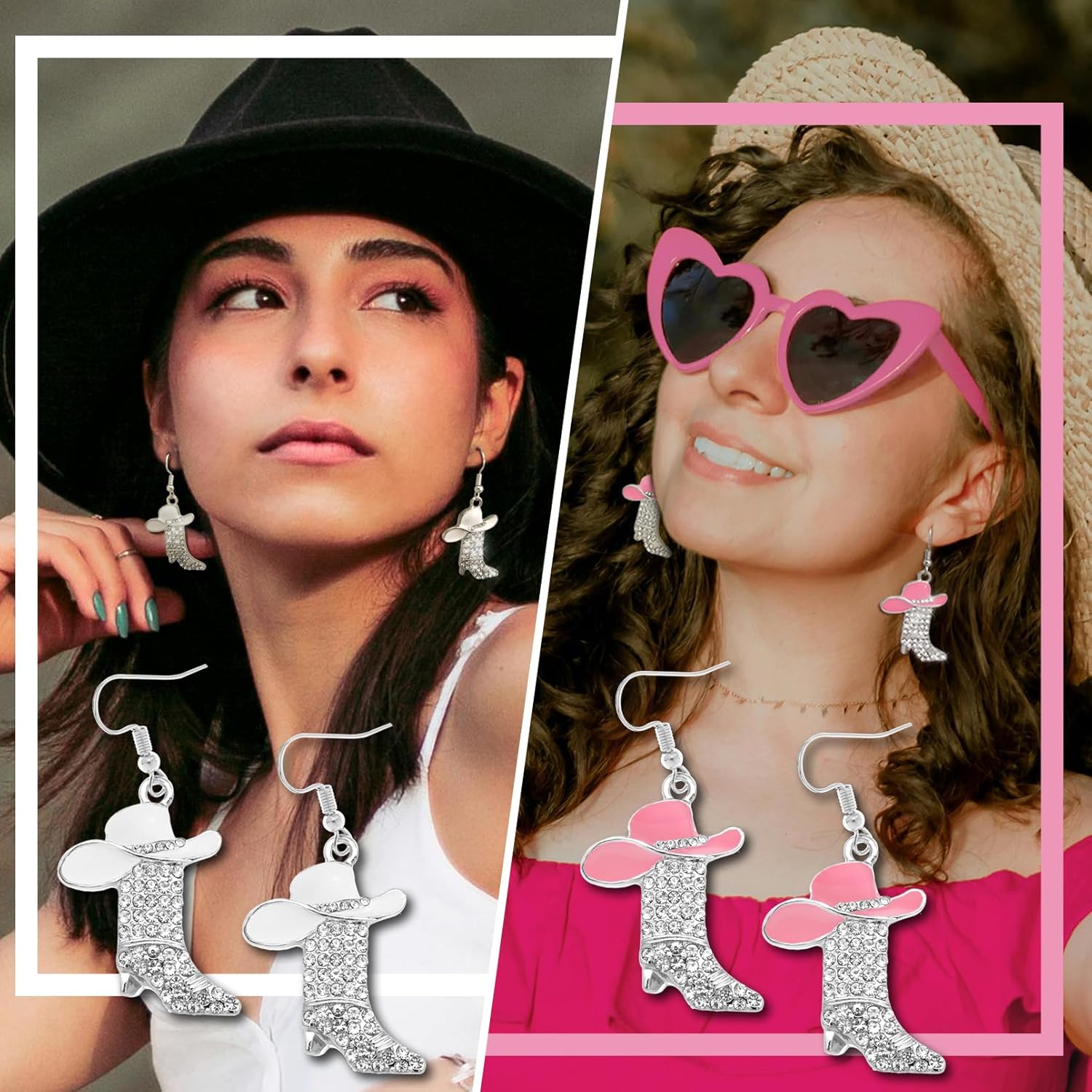 4 Pairs Rhinestone Sparkly Western Boots Dangle Earrings Cowgirl Cowboy Enamel Hat Bohemian Rodeo Boot Drop Dangle Earrings for Women - Image 2