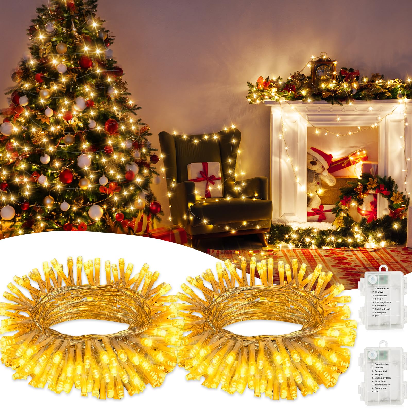 Electight 5M*2 String Lights Battery Operated with Timer, Waterproof Battery Powered Twinkle Lights, 8 Modes Fairy Light for Indoor & Outdoor Party Bedroom Garland Tree Christmas Decor